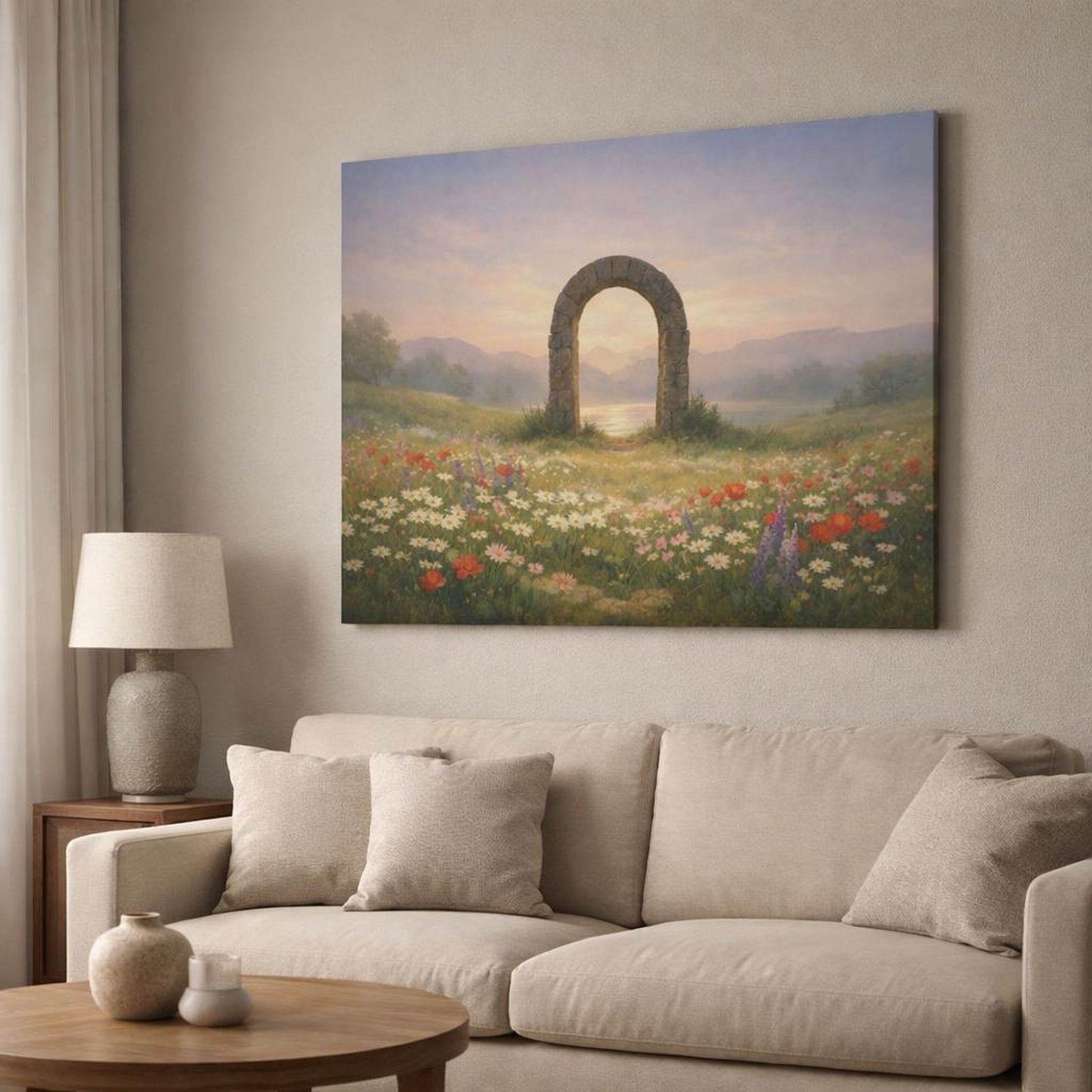 Landscape Wildflowers Calm shown as canvas wall art in a modern living room