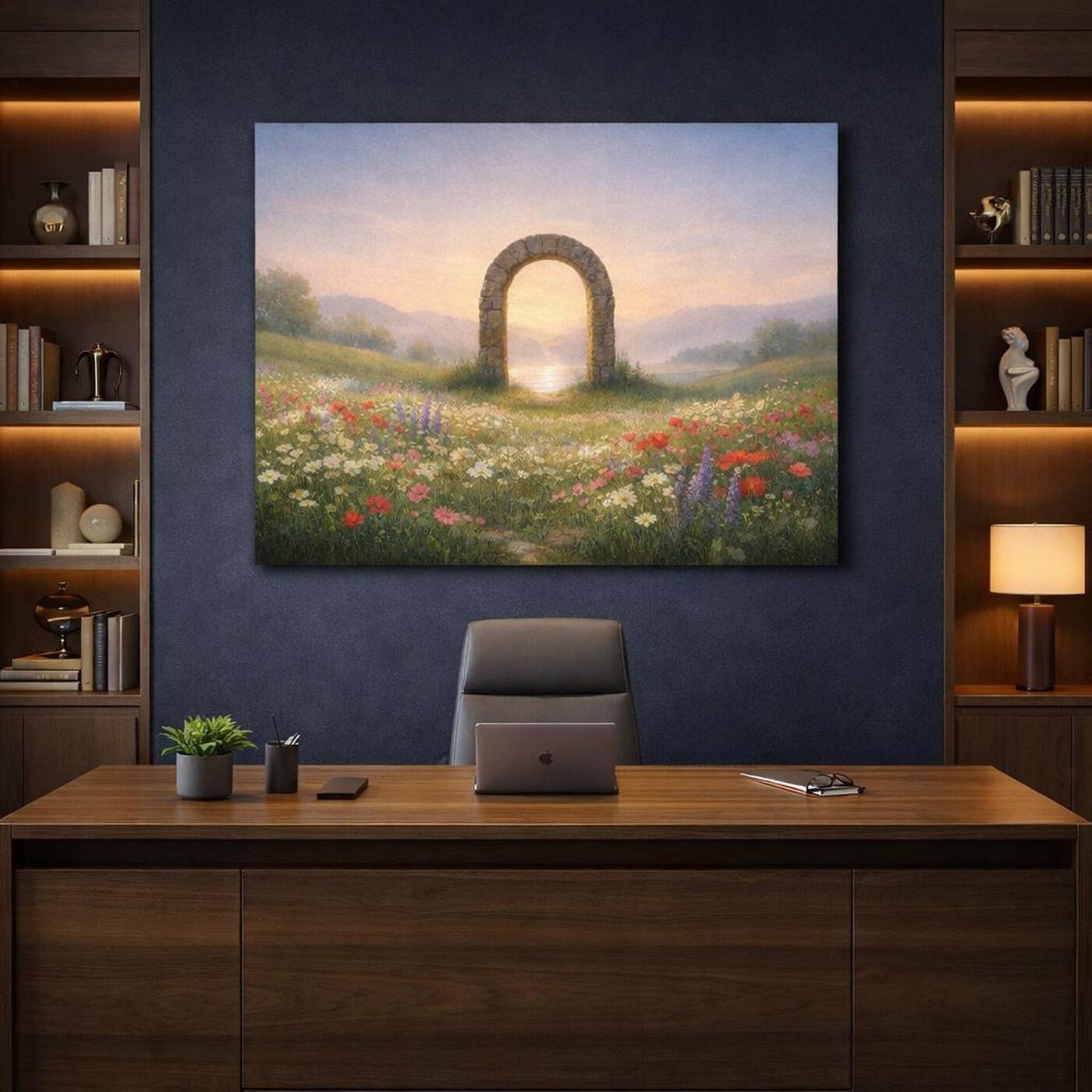 Landscape Wildflowers Calm shown as canvas wall art in a refined dining room