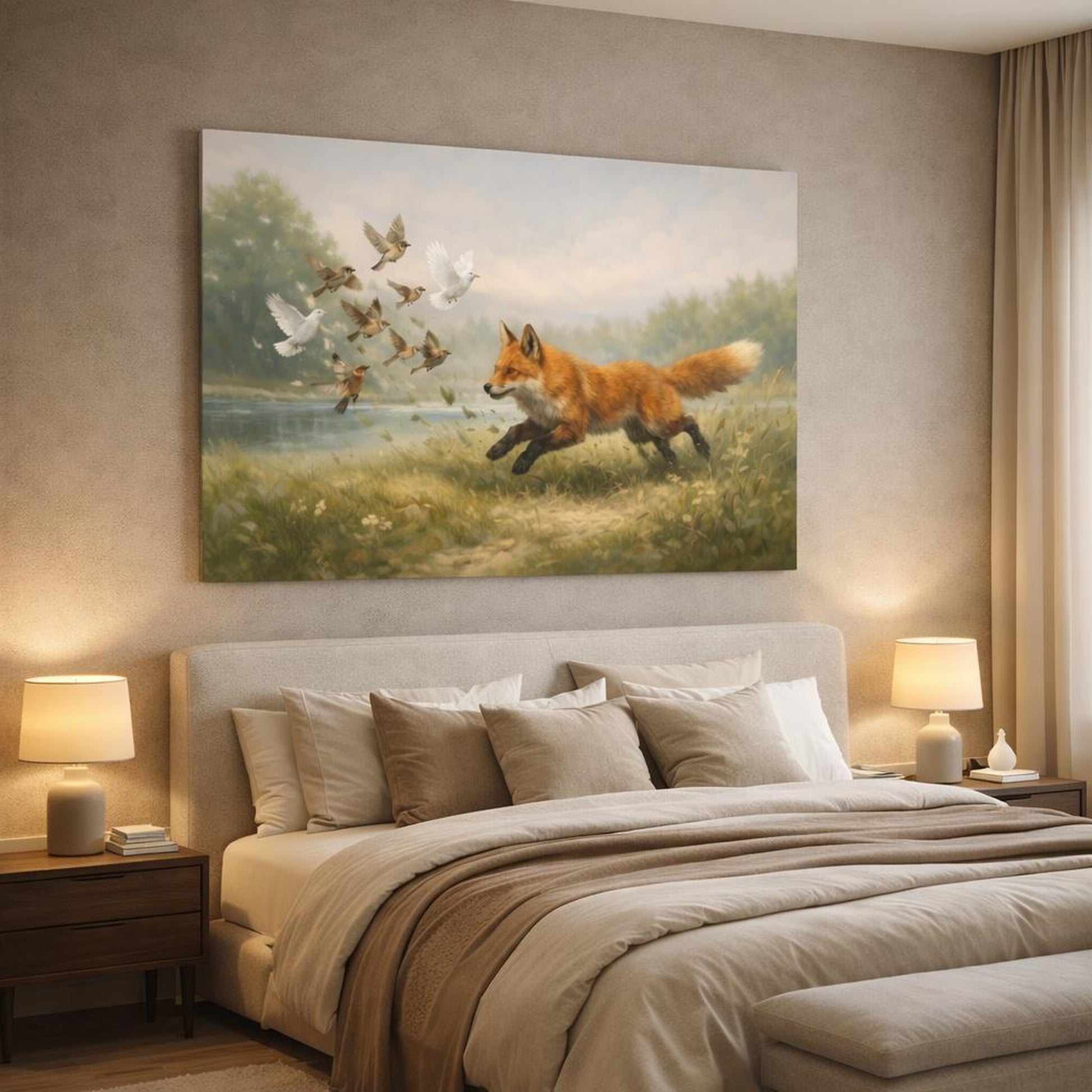Landscape Wildlife shown as canvas wall art in a luxury bedroom