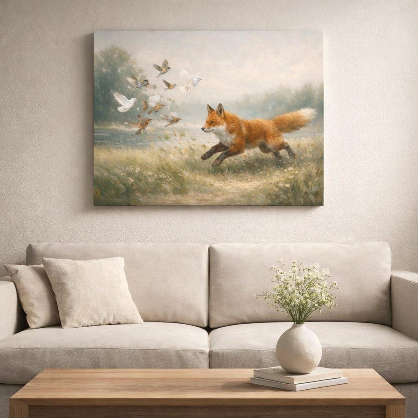Landscape Wildlife shown as canvas wall art in a refined dining room