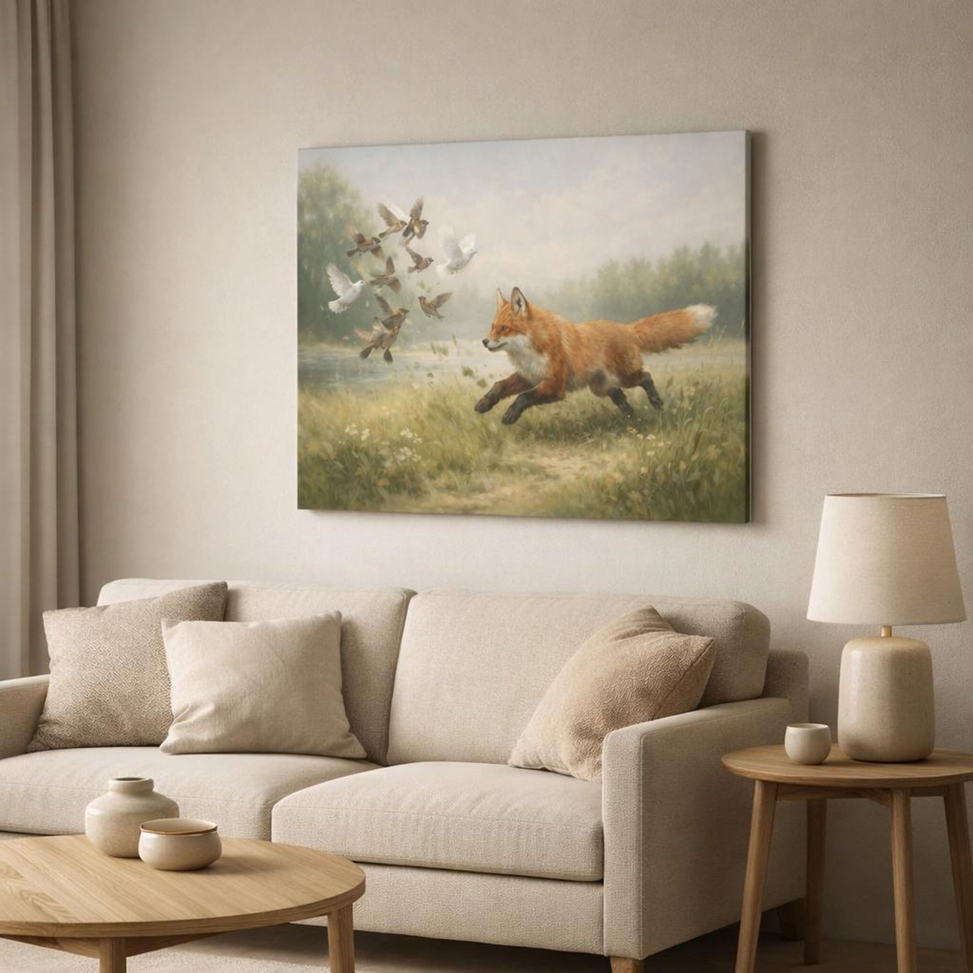 Landscape Wildlife shown as canvas wall art in a modern living room