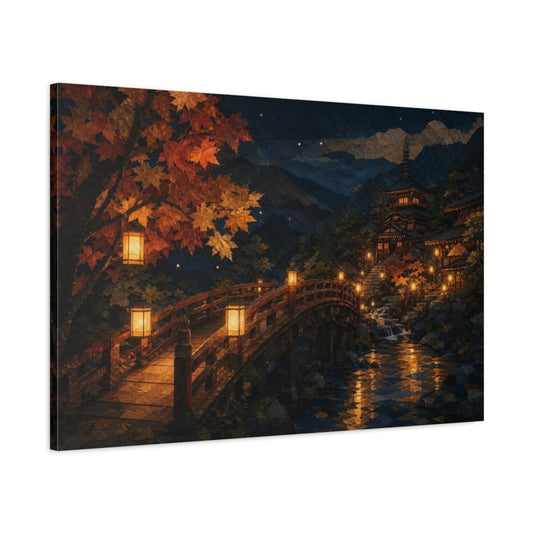 Lantern Bridge At Temple Canvas Print – Living Room, Above Fireplace, Amber & Midnight Blue - YesArtYes