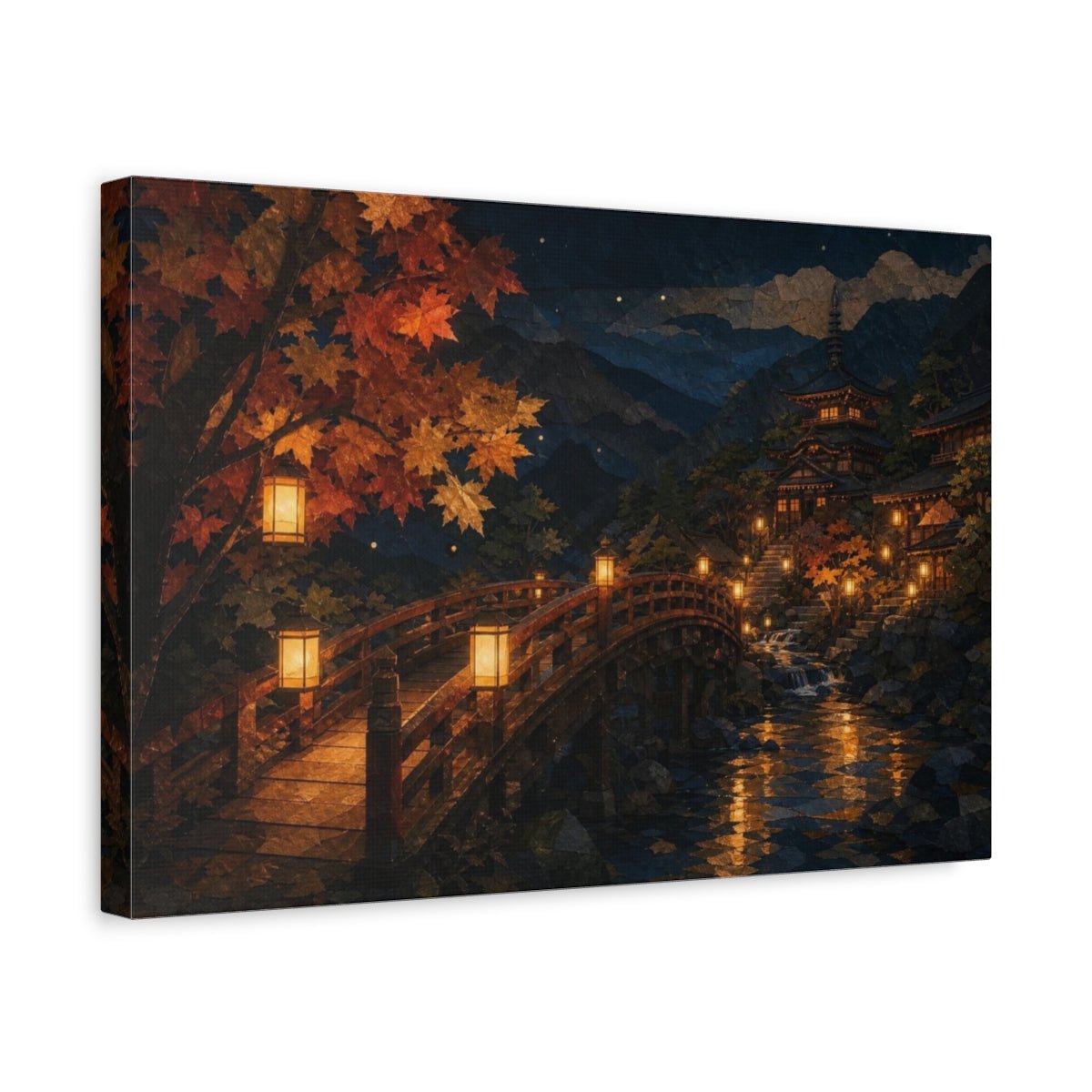Lantern Bridge At Temple Canvas Print – Living Room, Above Fireplace, Amber & Midnight Blue - YesArtYes