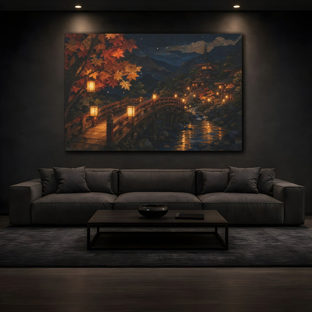 Lantern Bridge At Temple Canvas Print – Living Room, Above Fireplace, Amber & Midnight Blue - YesArtYes