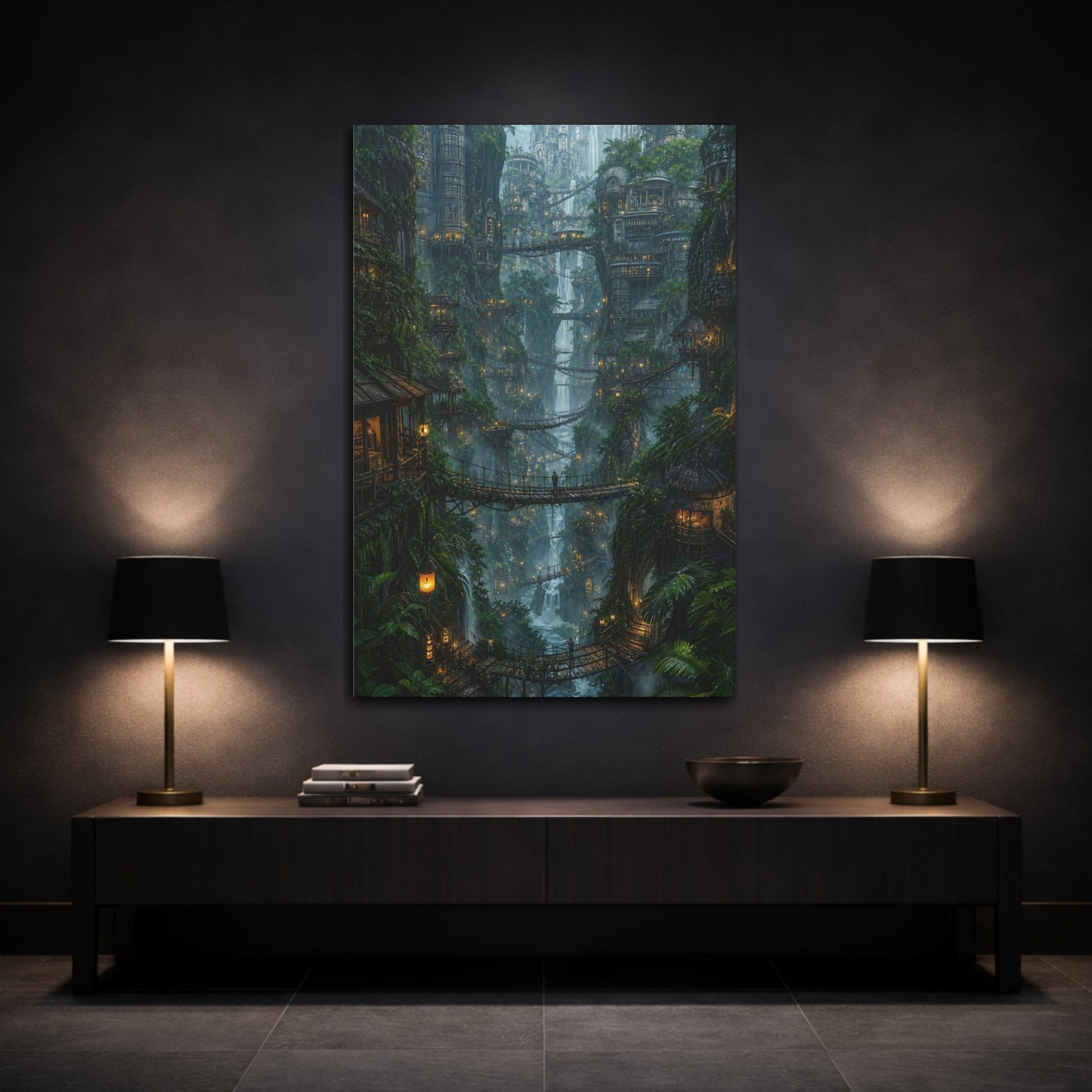Mockup 3. Lantern Lit Cliff Village shown as canvas print