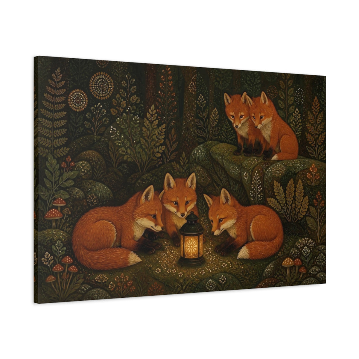 Main Mockup. Lantern-Lit Forest Foxes shown as canvas print