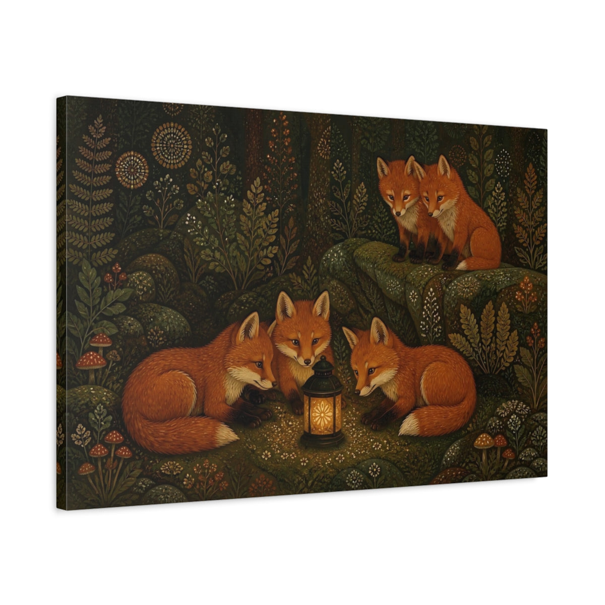 Side Mockup 2. Lantern-Lit Forest Foxes shown as canvas print