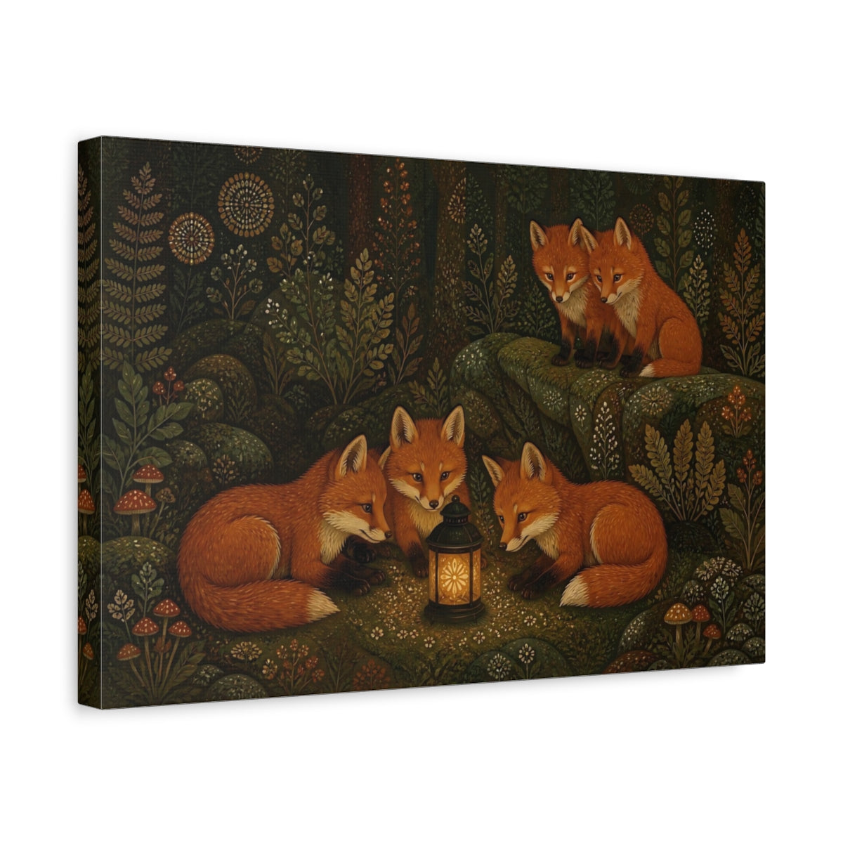 Side Mockup 4. Lantern-Lit Forest Foxes shown as canvas print