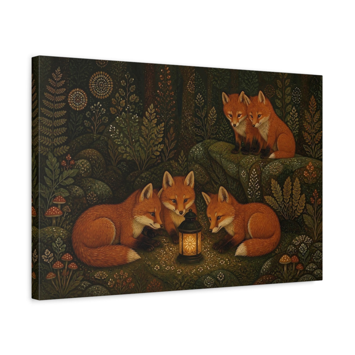 Side Mockup 3. Lantern-Lit Forest Foxes shown as canvas print
