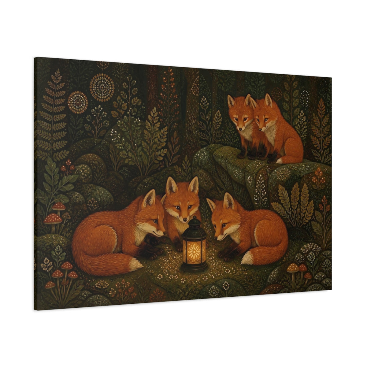 Side Mockup 1. Lantern-Lit Forest Foxes shown as canvas print