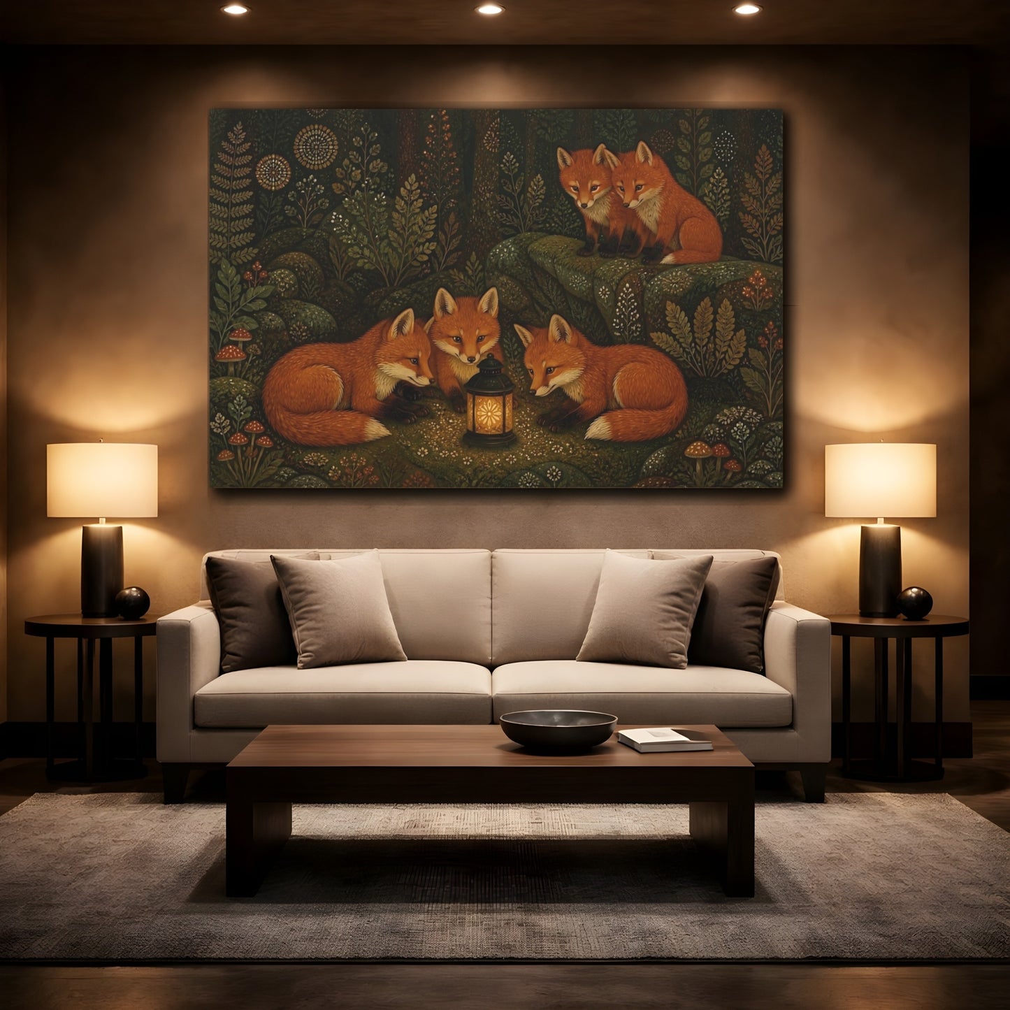 Mockup 2. Lantern-Lit Forest Foxes shown as canvas print
