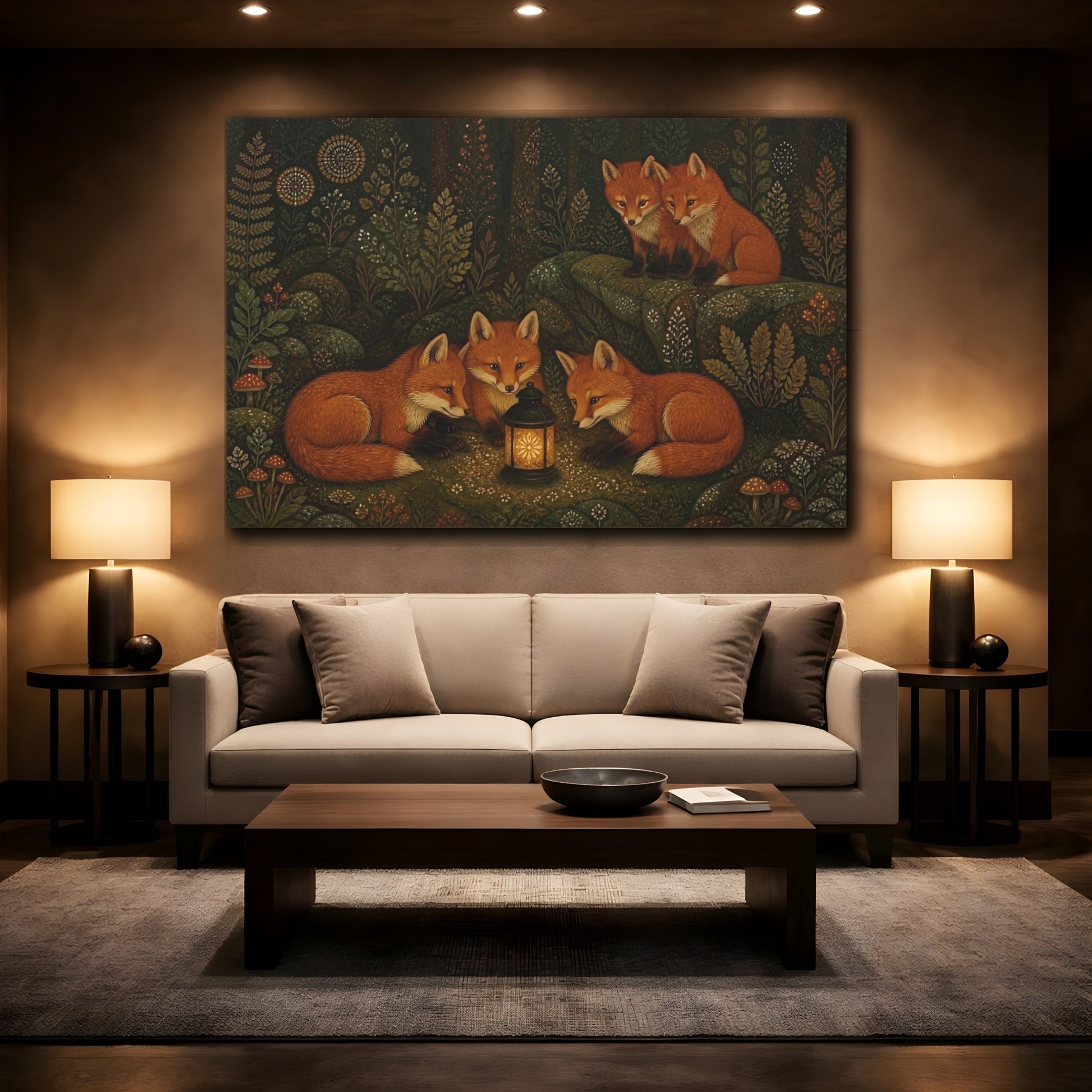 Mockup 2. Lantern-Lit Forest Foxes shown as canvas print