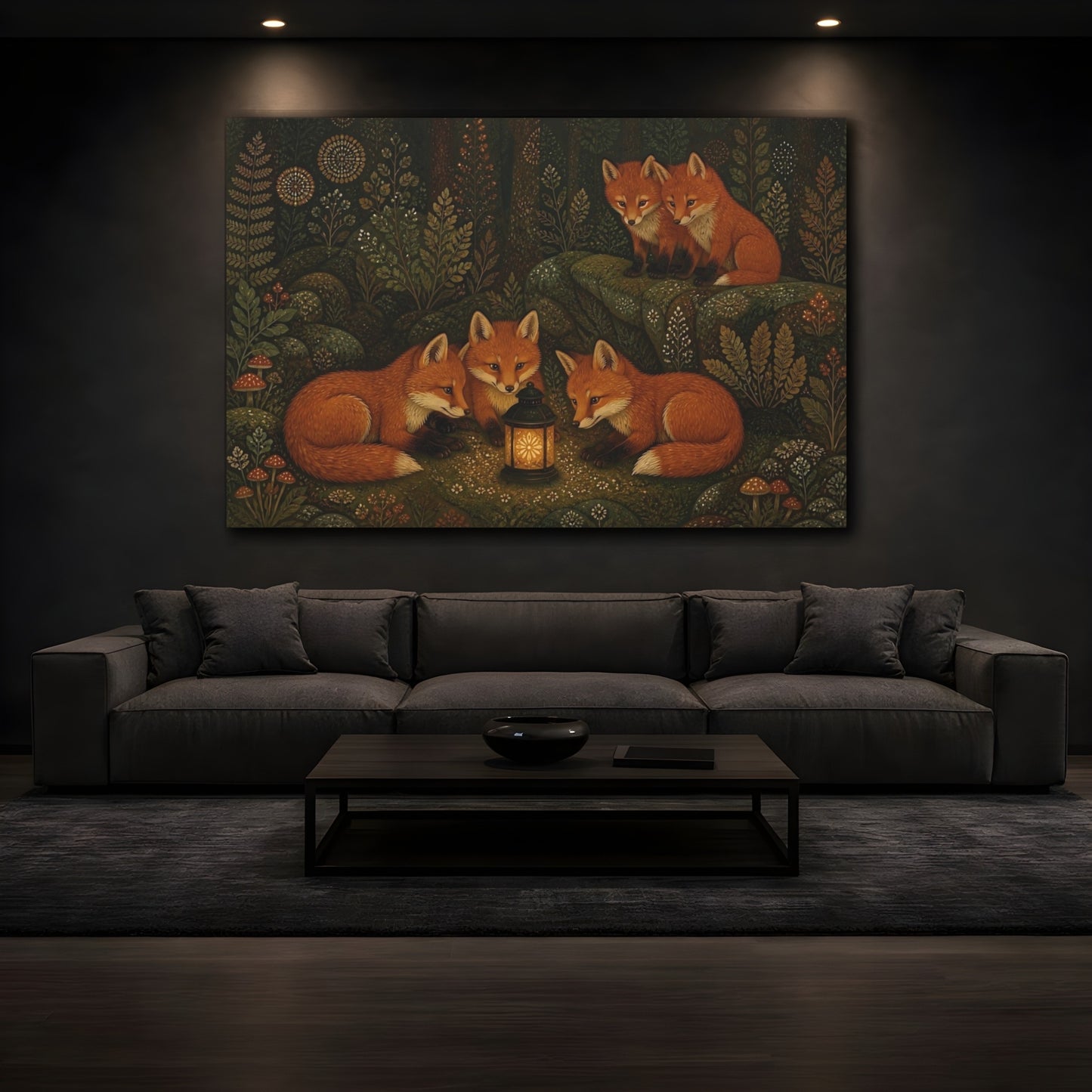 Mockup 3. Lantern-Lit Forest Foxes shown as canvas print
