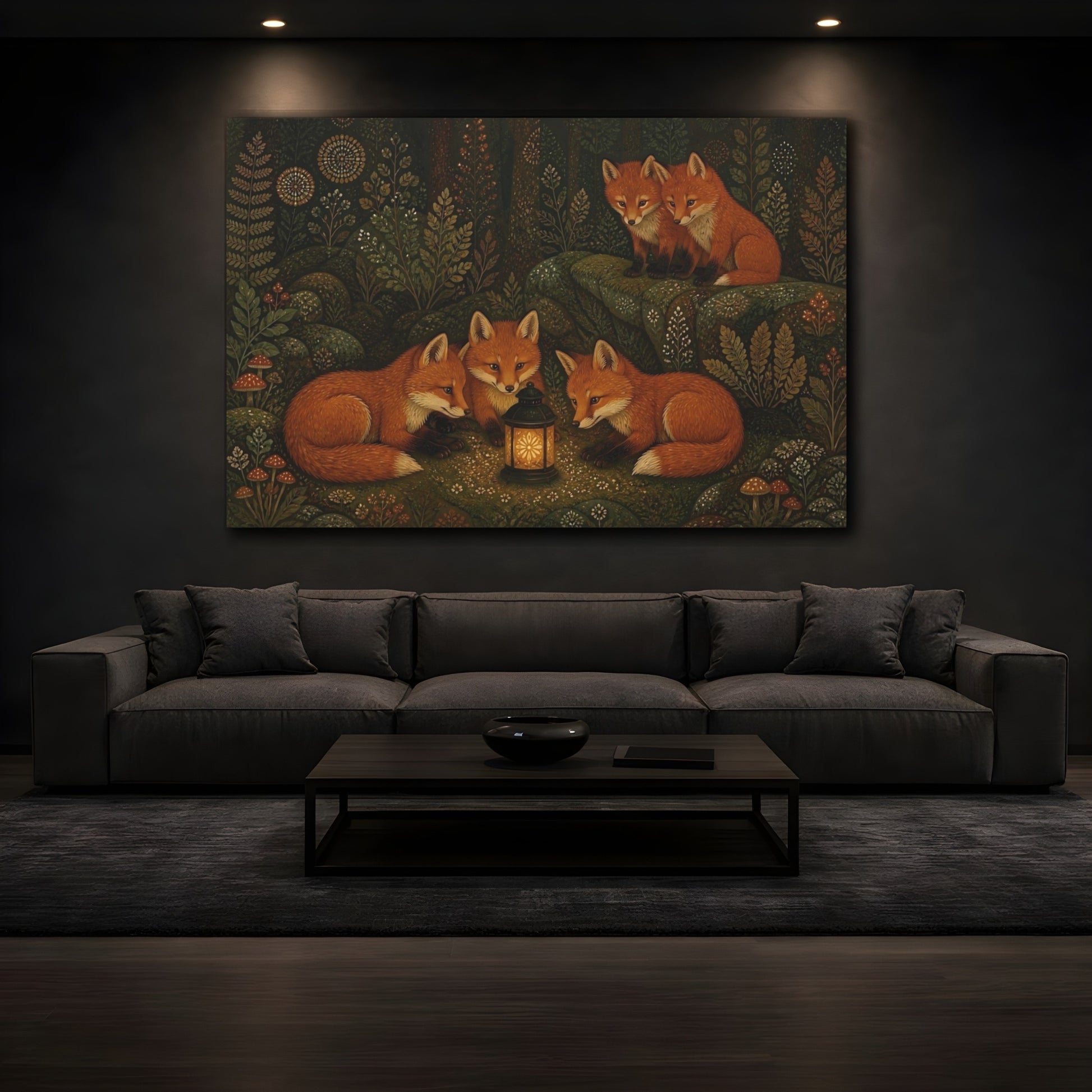 Mockup 3. Lantern-Lit Forest Foxes shown as canvas print
