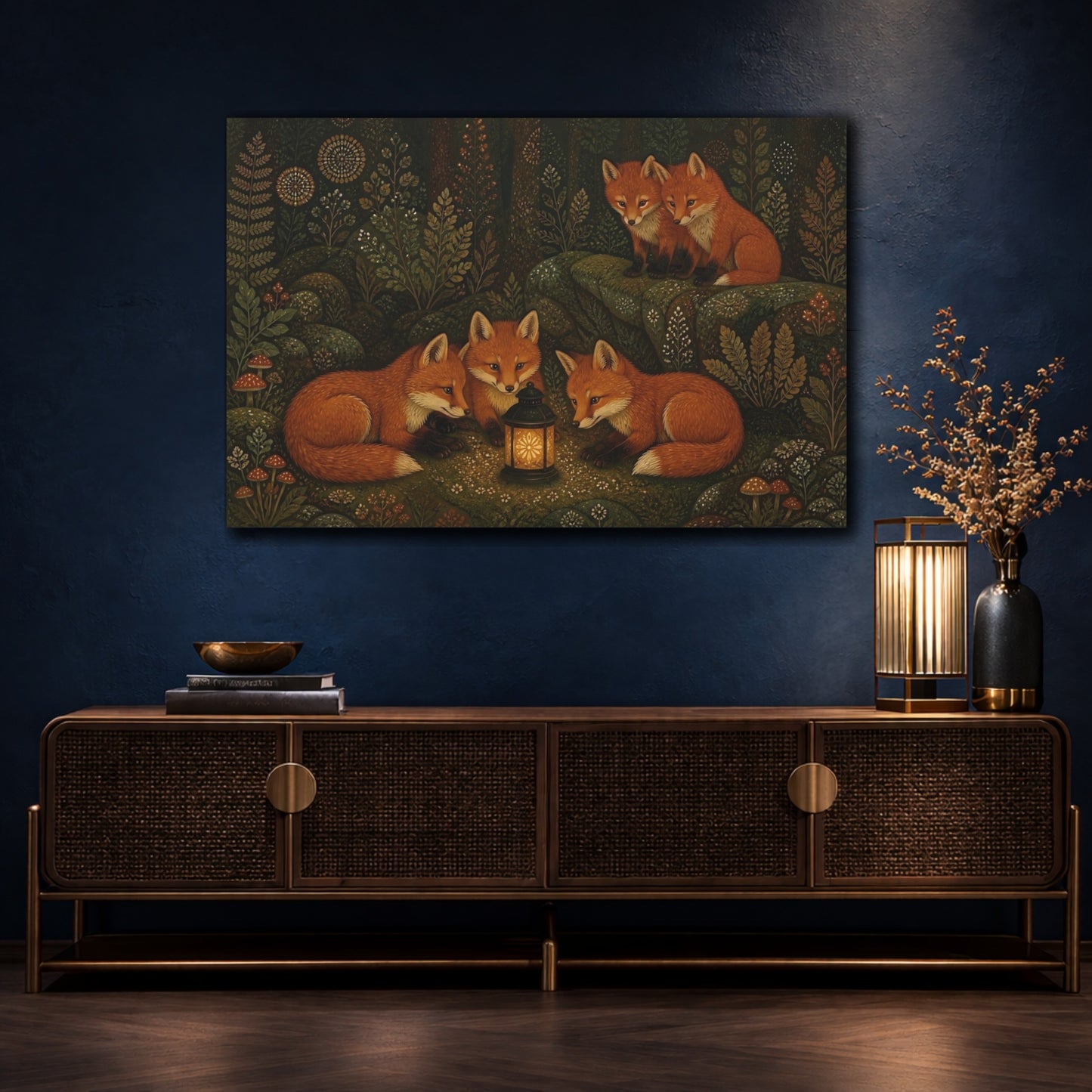 Mockup 4. Lantern-Lit Forest Foxes shown as canvas print