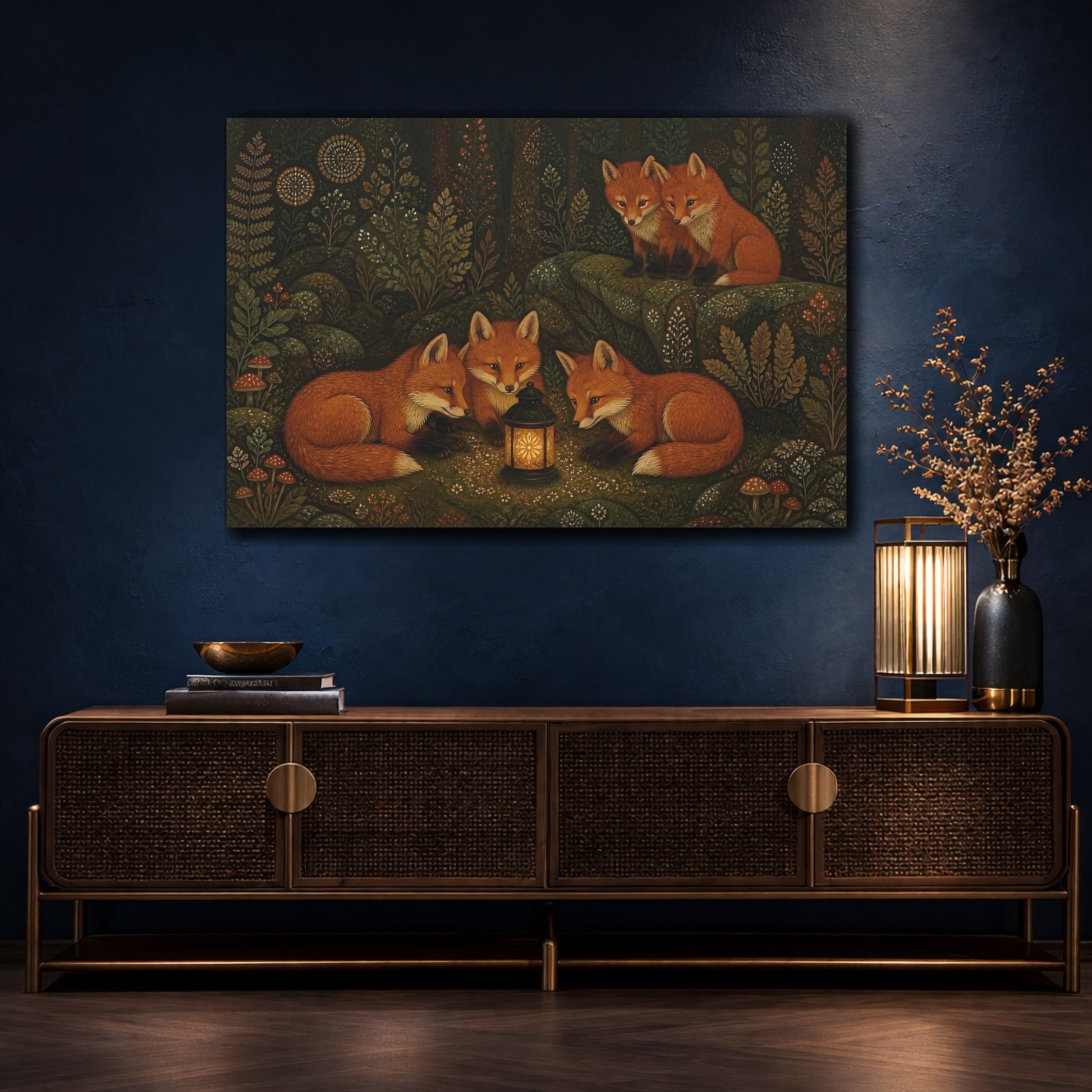 Mockup 4. Lantern-Lit Forest Foxes shown as canvas print