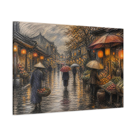 Main Mockup. Lantern-Lit Market Street shown as canvas print