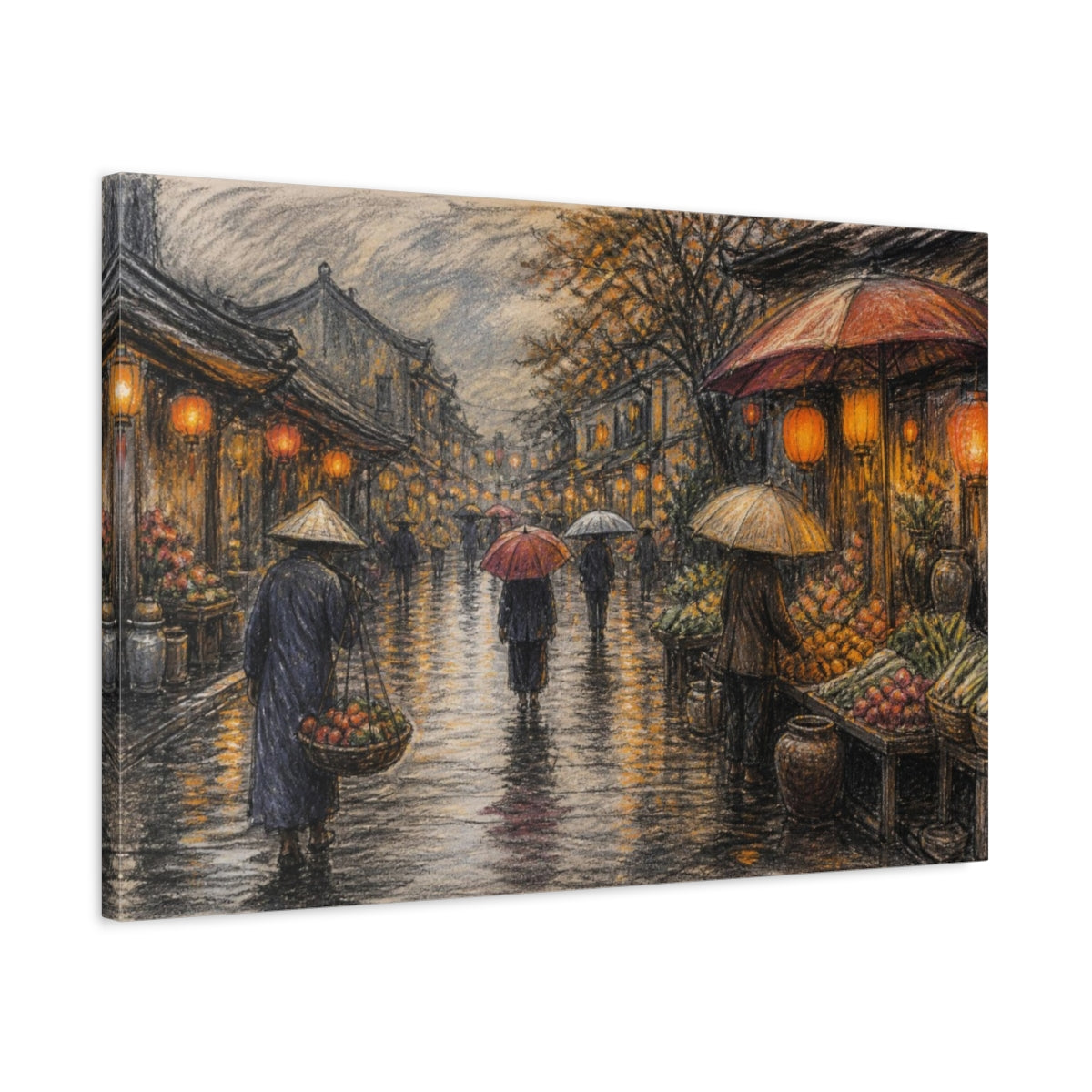 Side Mockup 2. Lantern-Lit Market Street shown as canvas print