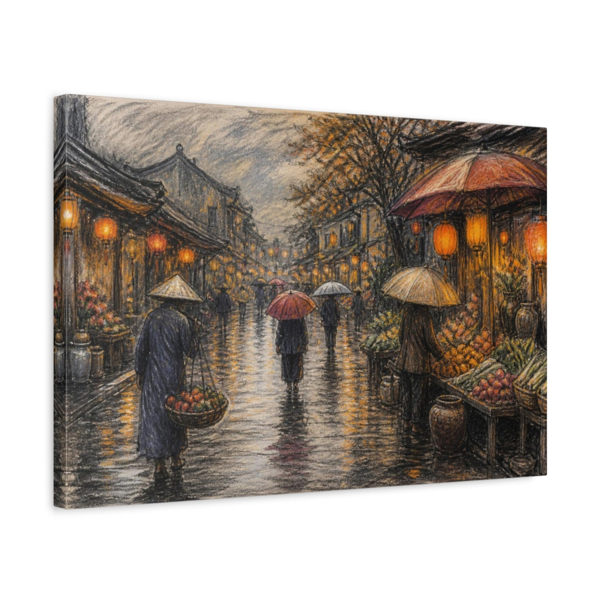 Side Mockup 3. Lantern-Lit Market Street shown as canvas print