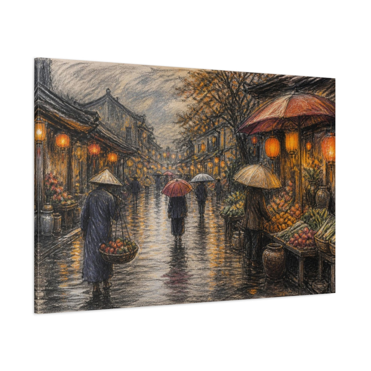 Side Mockup 1. Lantern-Lit Market Street shown as canvas print