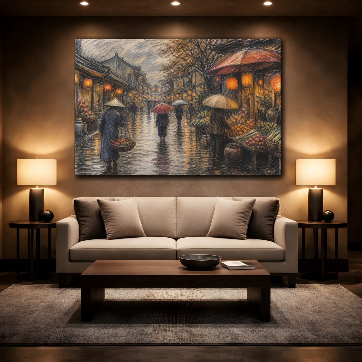Mockup 2. Lantern-Lit Market Street shown as canvas print