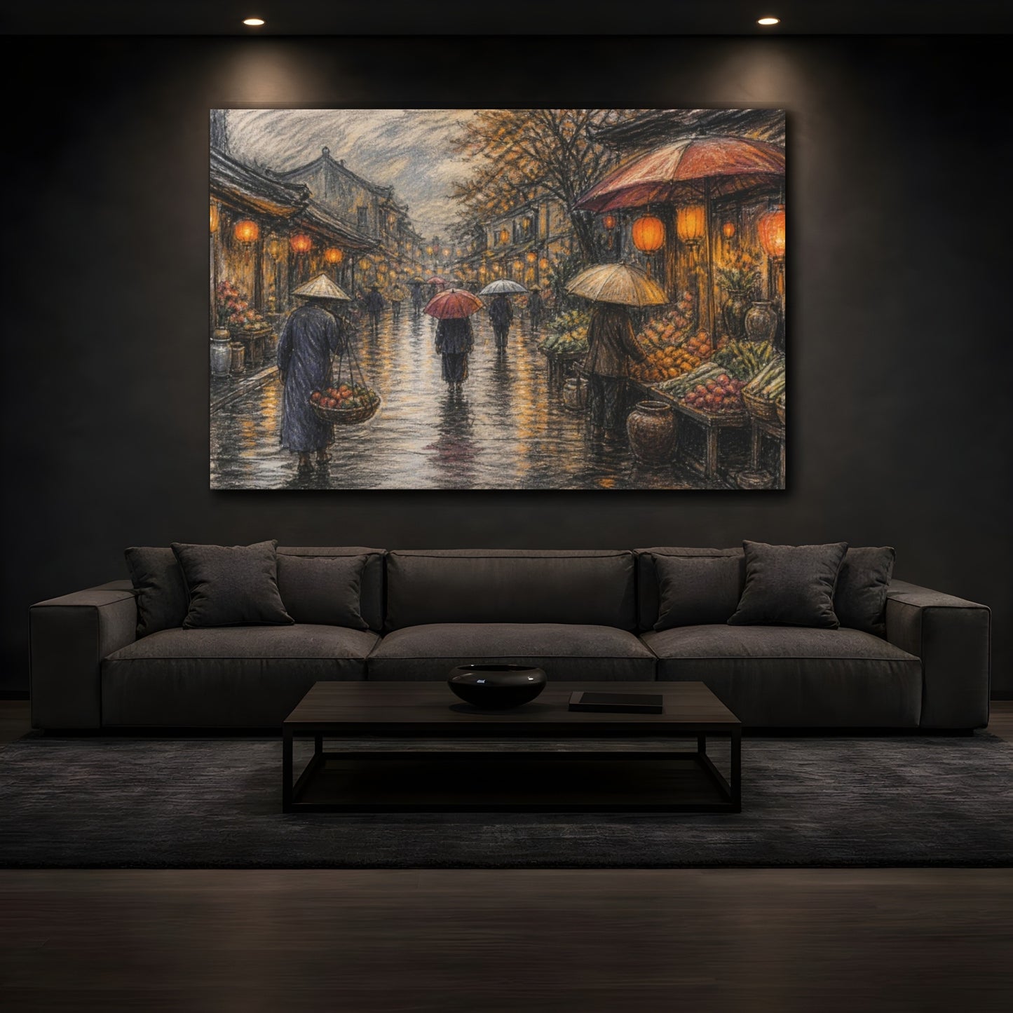 Mockup 3. Lantern-Lit Market Street shown as canvas print