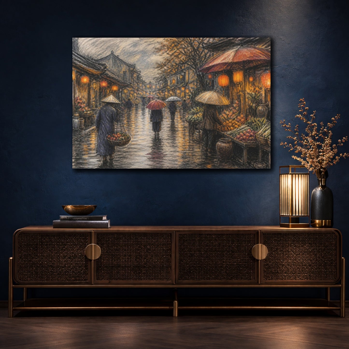 Mockup 4. Lantern-Lit Market Street shown as canvas print