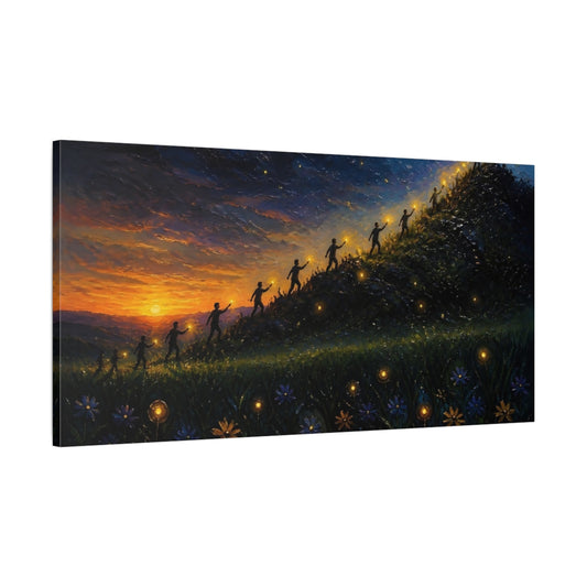 Main Mockup. Lantern Walkers At Sunset shown as canvas print