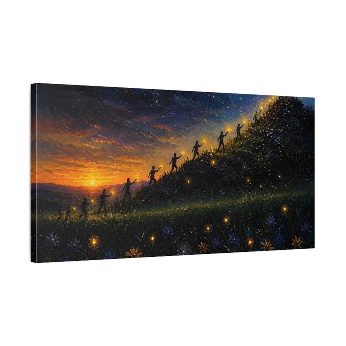 Side Mockup 1. Lantern Walkers At Sunset shown as canvas print