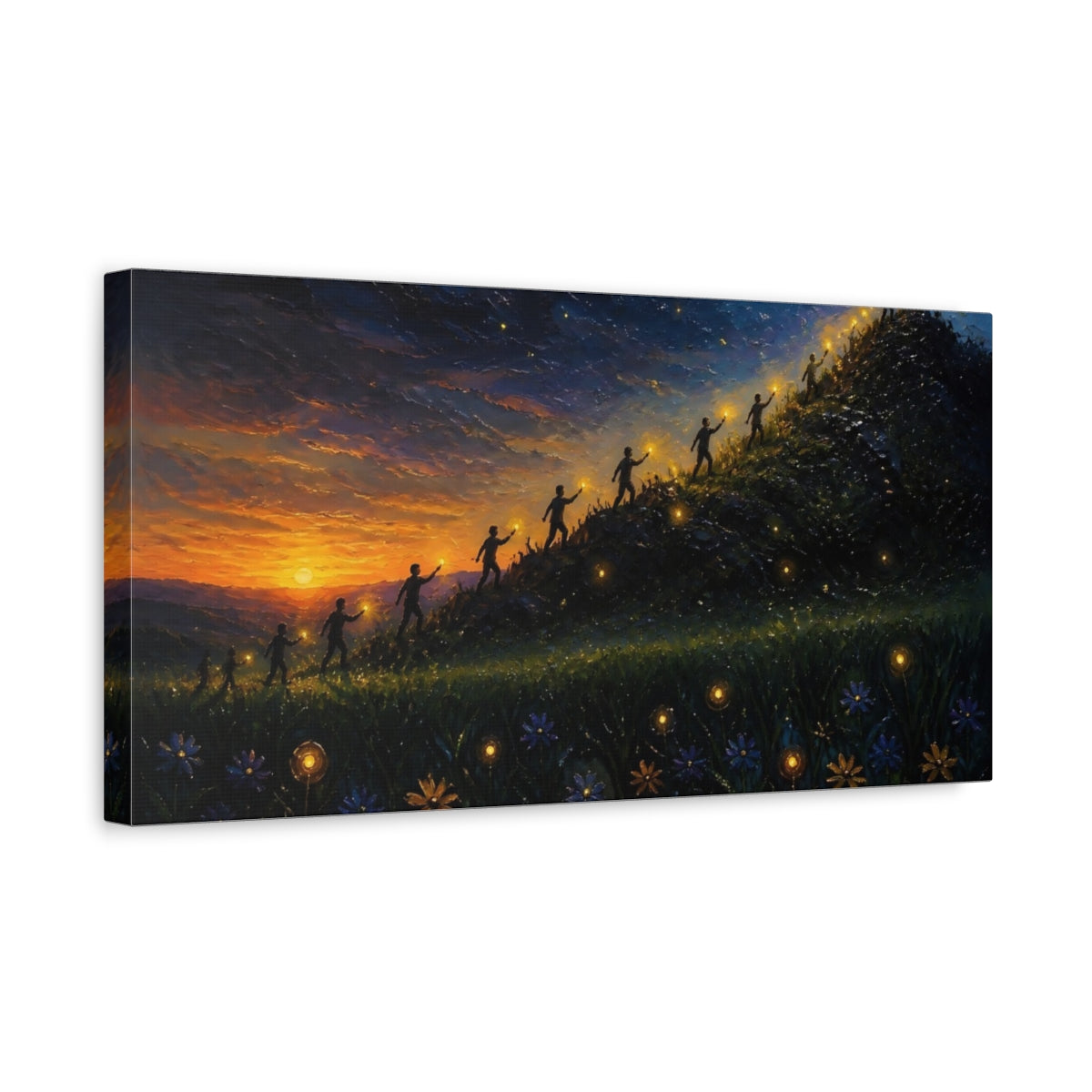 Side Mockup 3. Lantern Walkers At Sunset shown as canvas print