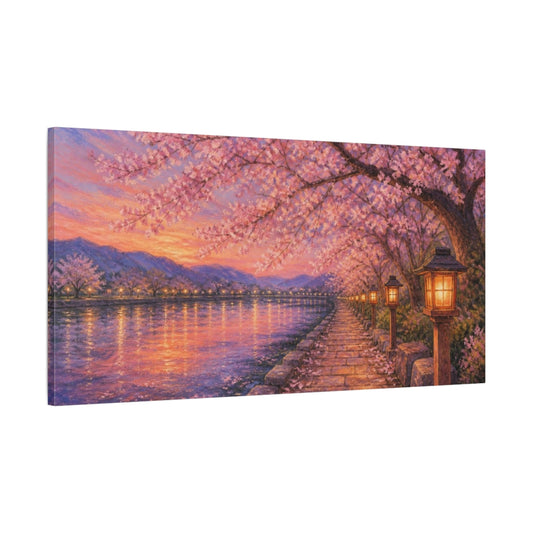 Main Mockup. Lanterns Under Cherry Blossoms shown as canvas print