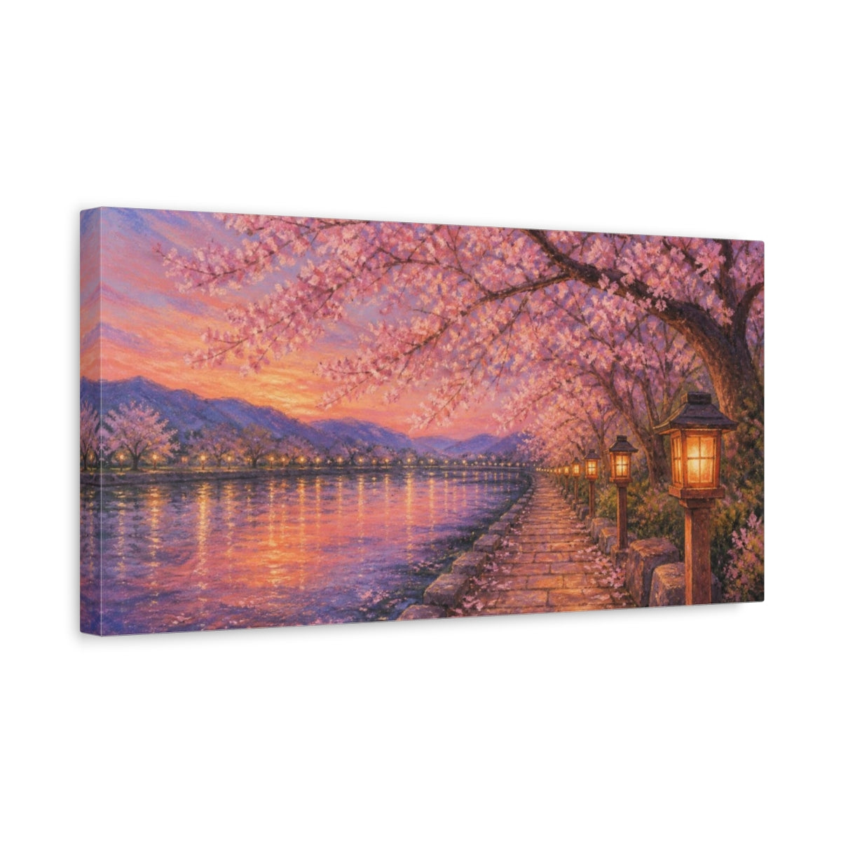 Side Mockup 3. Lanterns Under Cherry Blossoms shown as canvas print