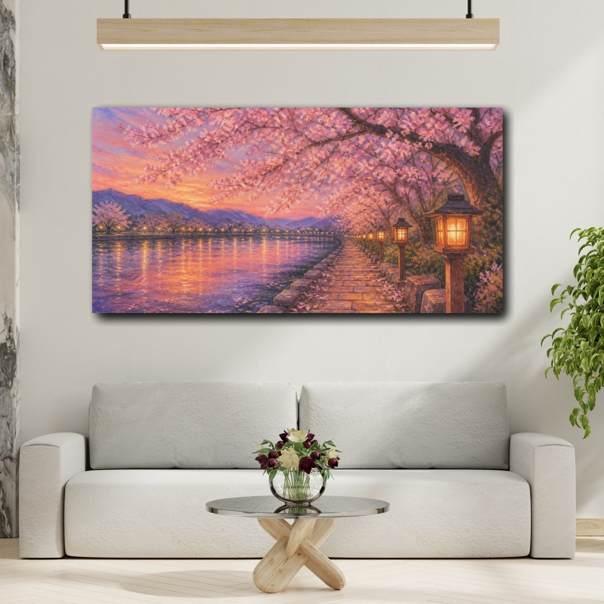 Mockup 2. Lanterns Under Cherry Blossoms shown as canvas print