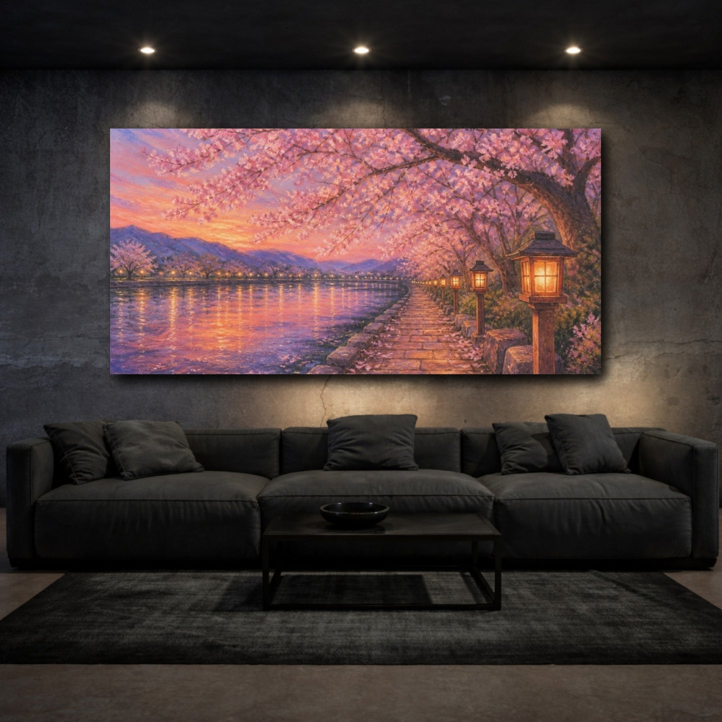 Mockup 3. Lanterns Under Cherry Blossoms shown as canvas print