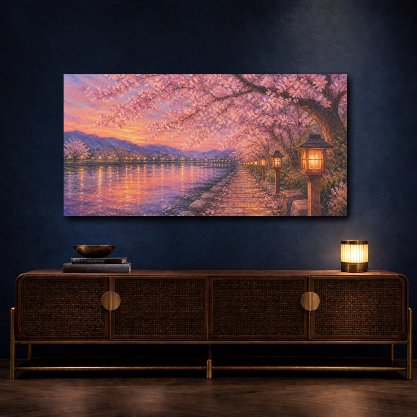 Mockup 4. Lanterns Under Cherry Blossoms shown as canvas print