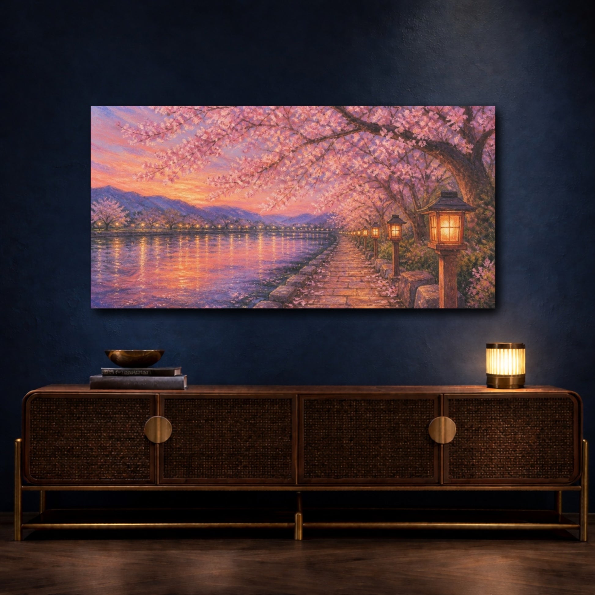 Mockup 4. Lanterns Under Cherry Blossoms shown as canvas print