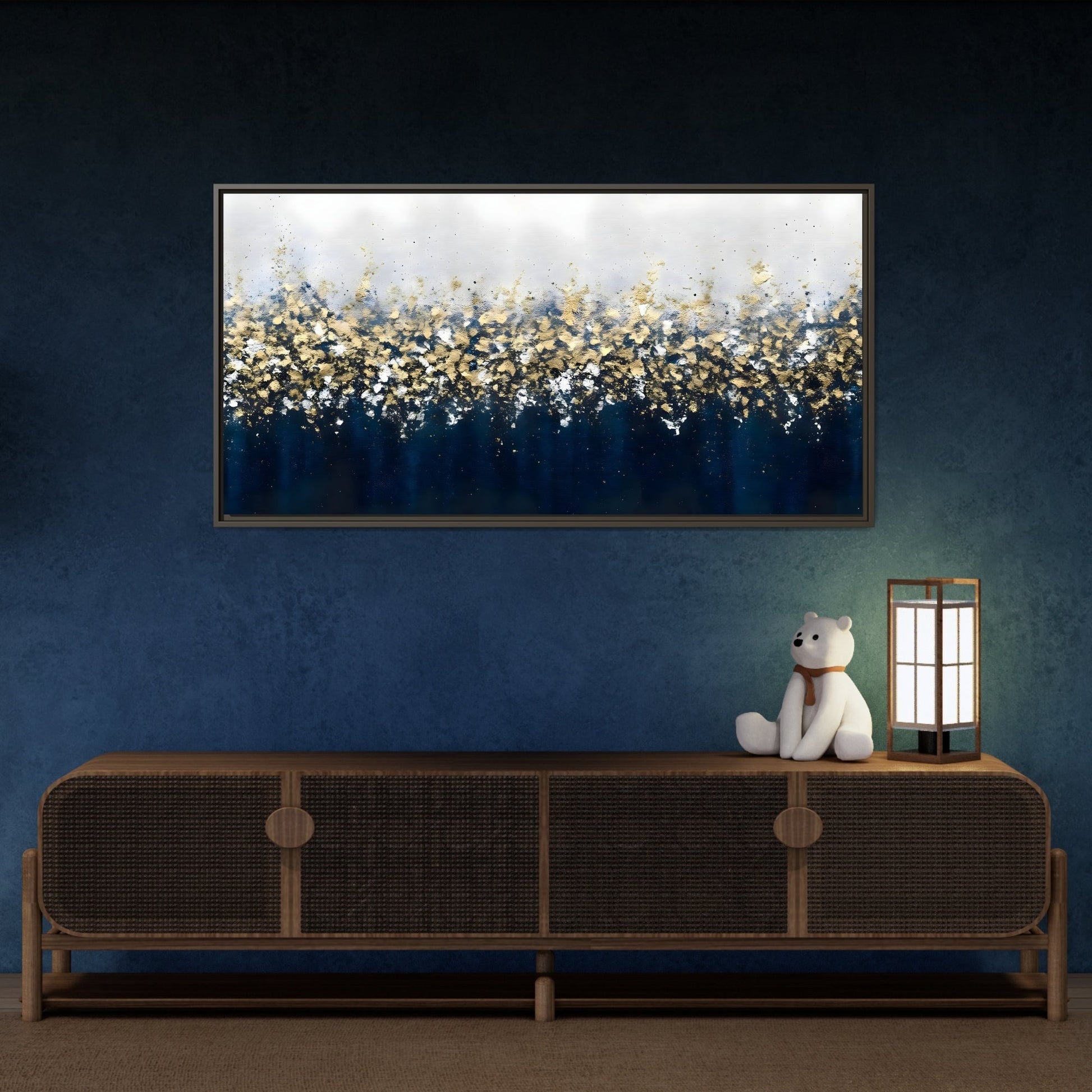 Large Elegant Abstract Navy Blue and Gold Leaf Canvas Print - YesArtYes