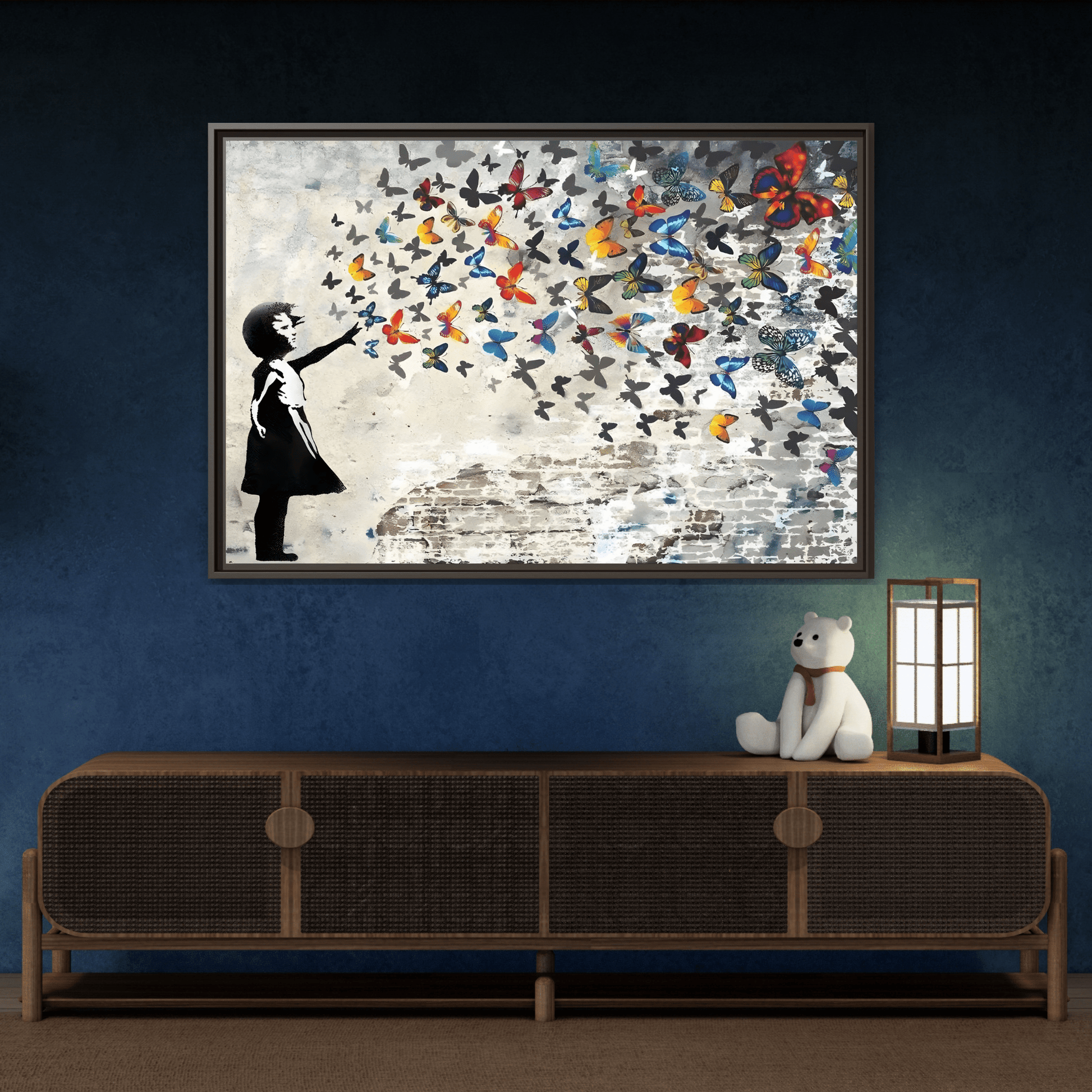 Large Framed Banksy Butterfly Girl Canvas Wall Art Prints - YesArtYes