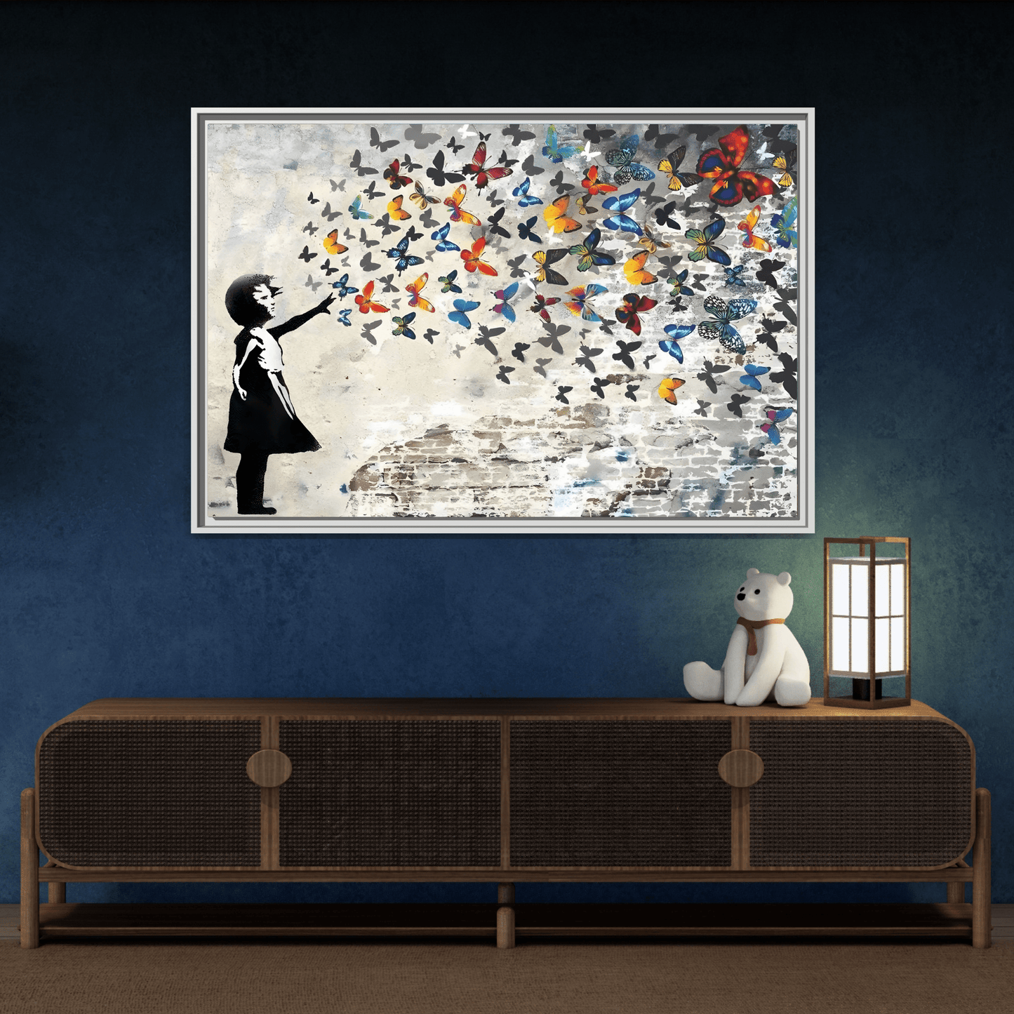 Large Framed Banksy Butterfly Girl Canvas Wall Art Prints - YesArtYes