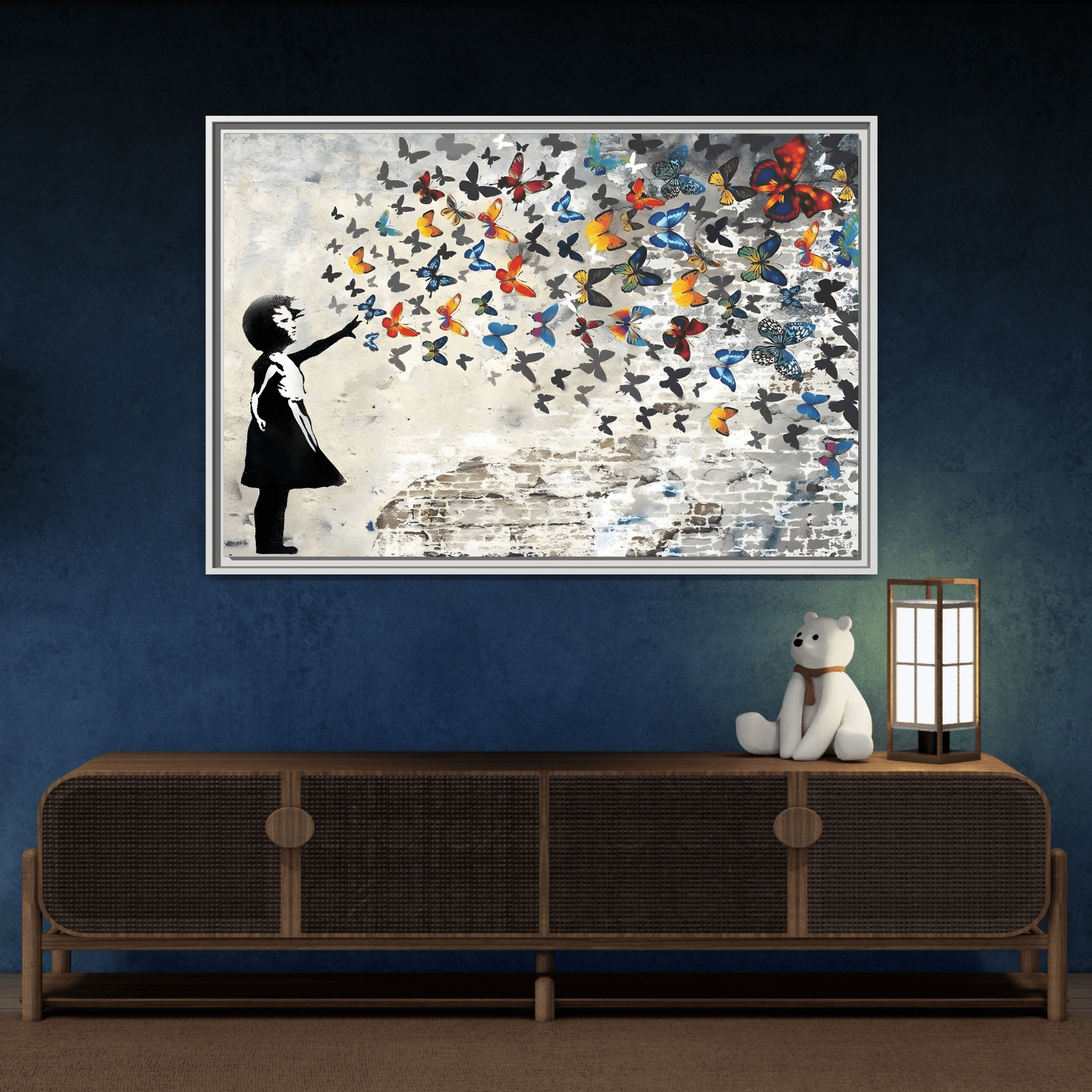 Large Framed Banksy Butterfly Girl Canvas Wall Art Prints - YesArtYes