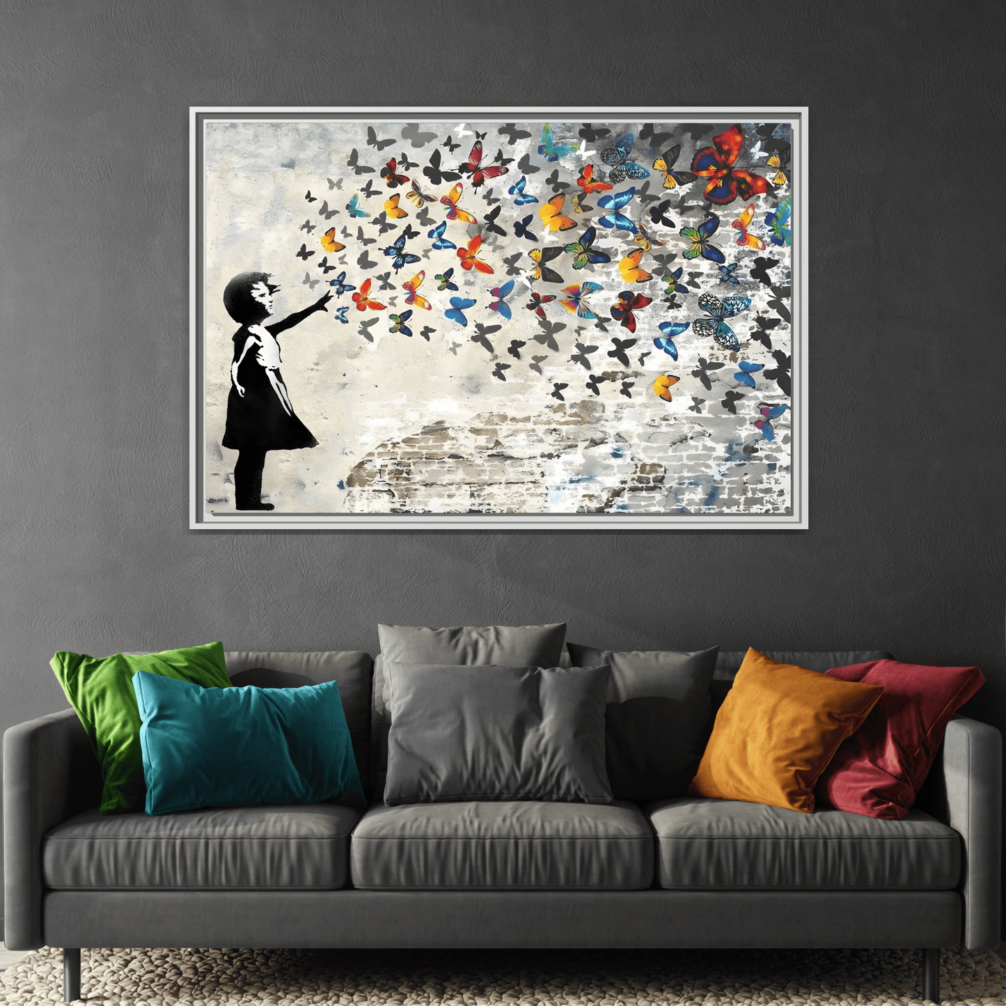 Large Framed Banksy Butterfly Girl Canvas Wall Art Prints - YesArtYes