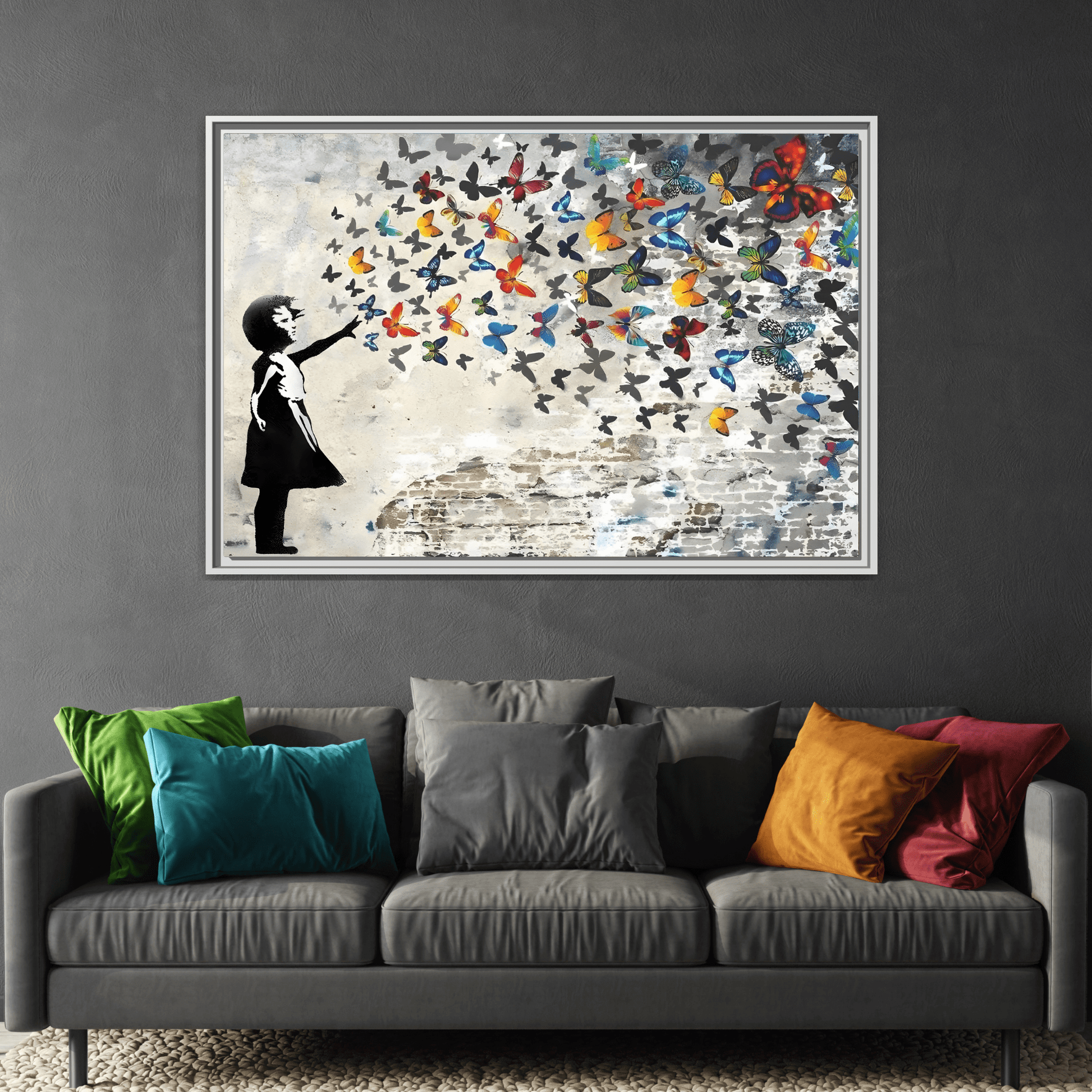 Large Framed Banksy Butterfly Girl Canvas Wall Art Prints - YesArtYes