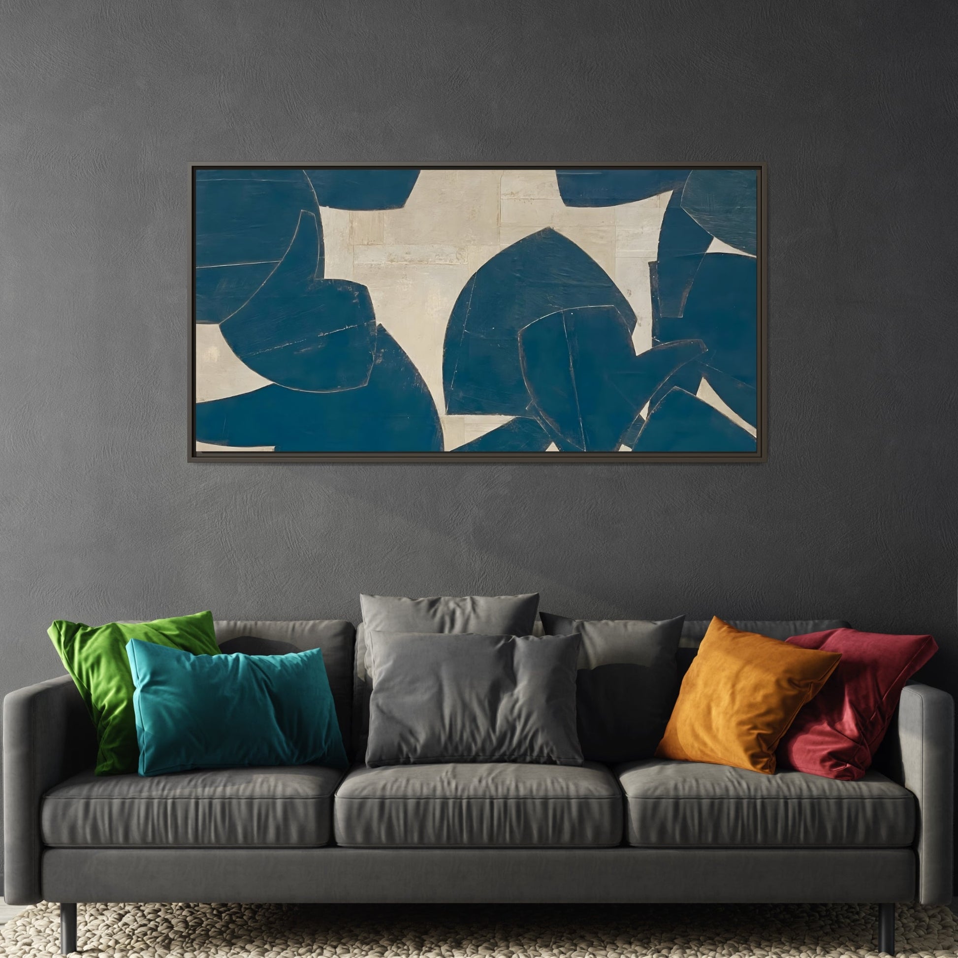 Large Framed Blue Beige Abstract Canvas Print - Neutral Wabi - Sabi Wall Art - YesArtYes