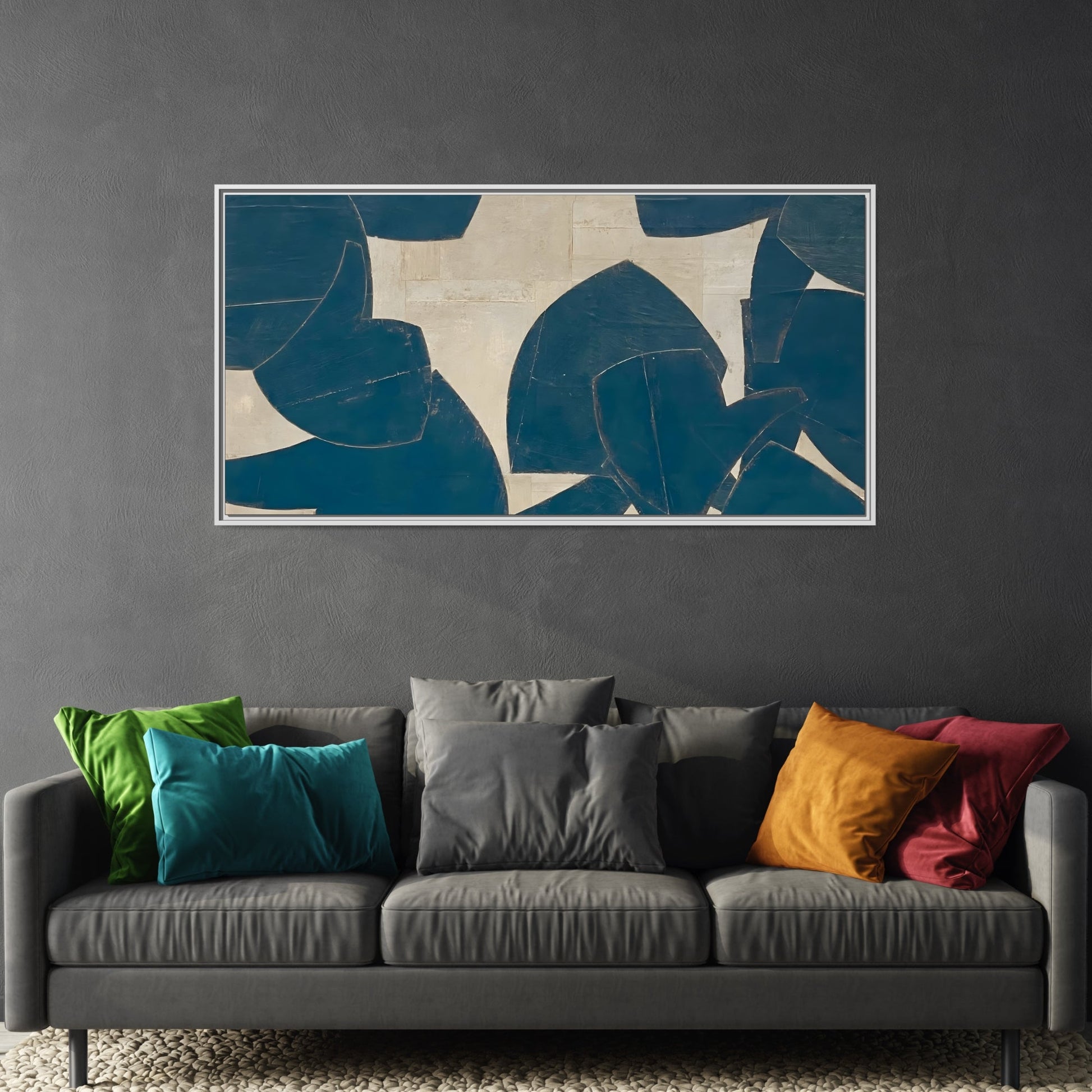 Large Framed Blue Beige Abstract Canvas Print - Neutral Wabi - Sabi Wall Art - YesArtYes