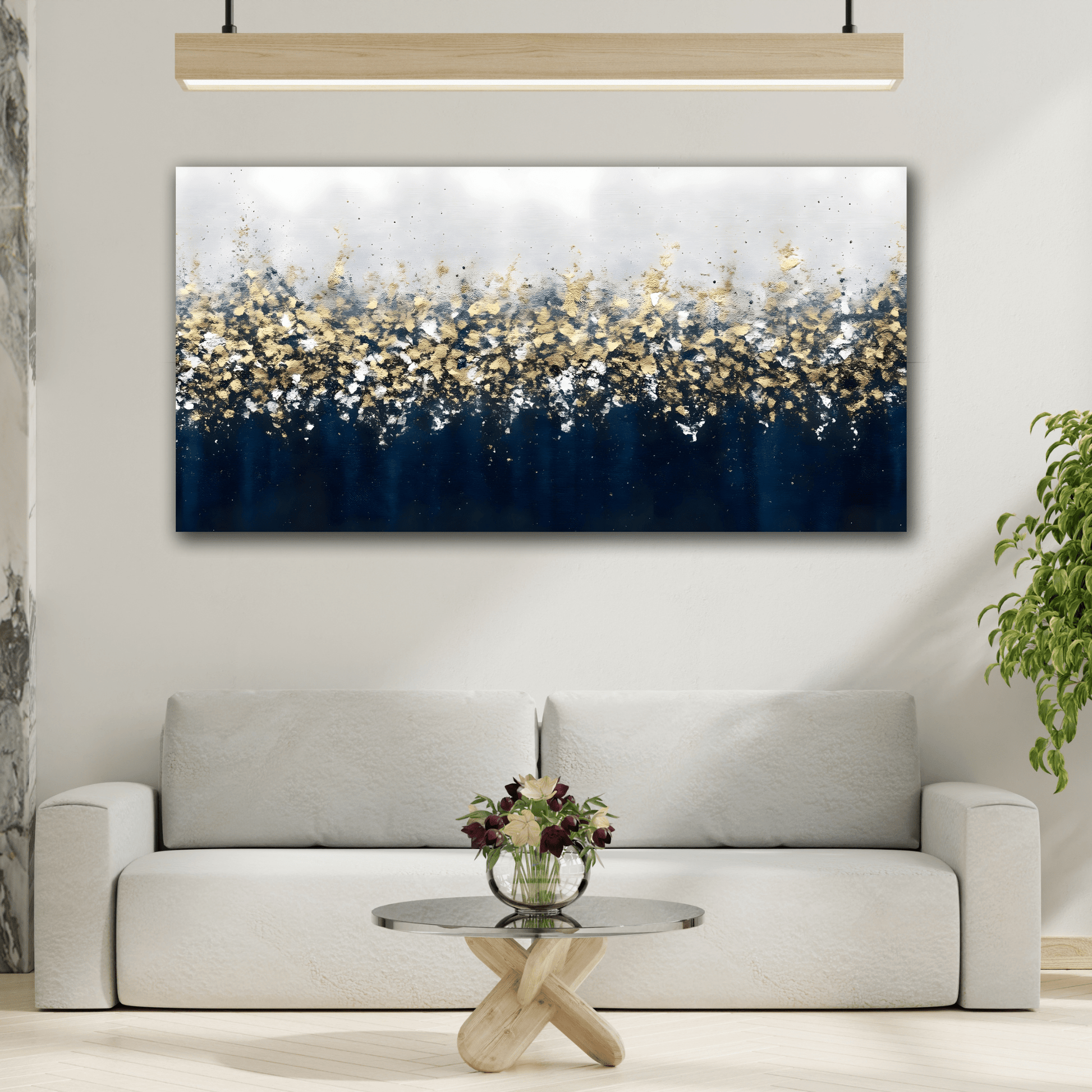 Large Navy Blue Gold Leaf Canvas - Abstract Wall Art Print - YesArtYes