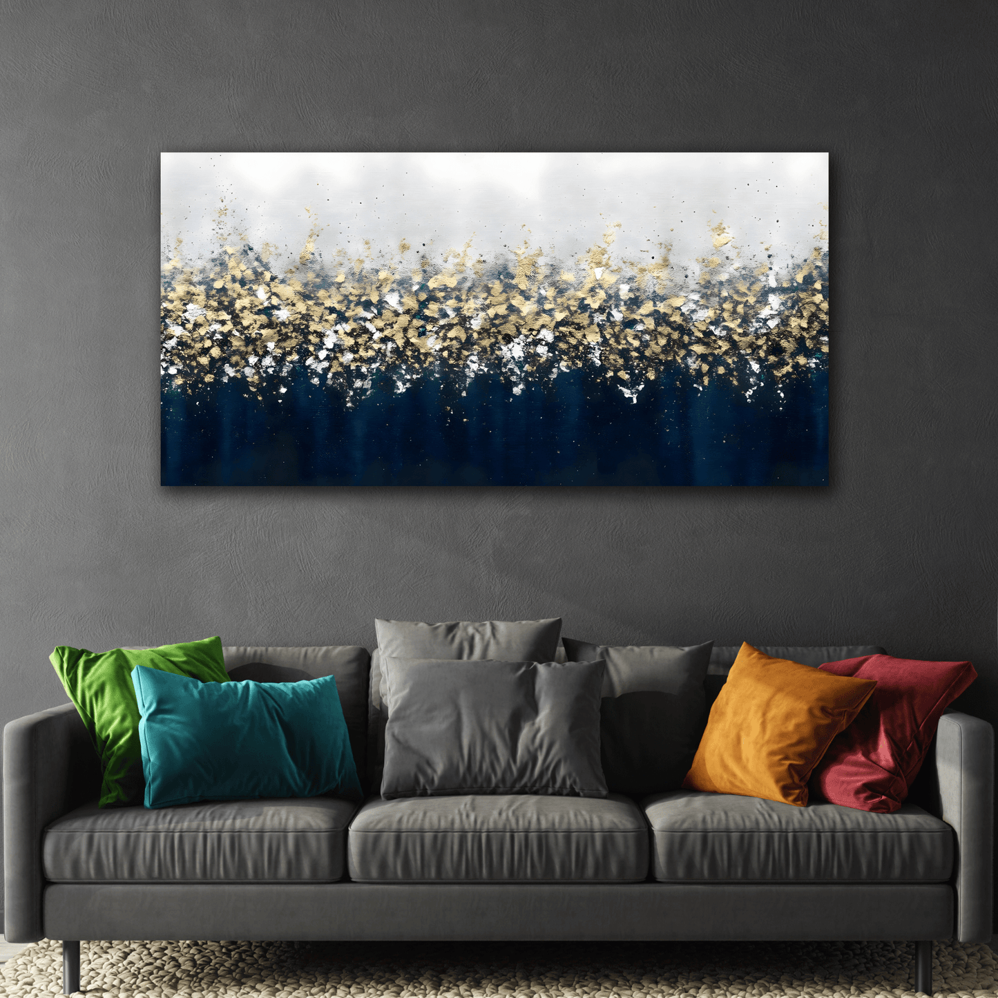 Large Navy Blue Gold Leaf Canvas - Abstract Wall Art Print - YesArtYes