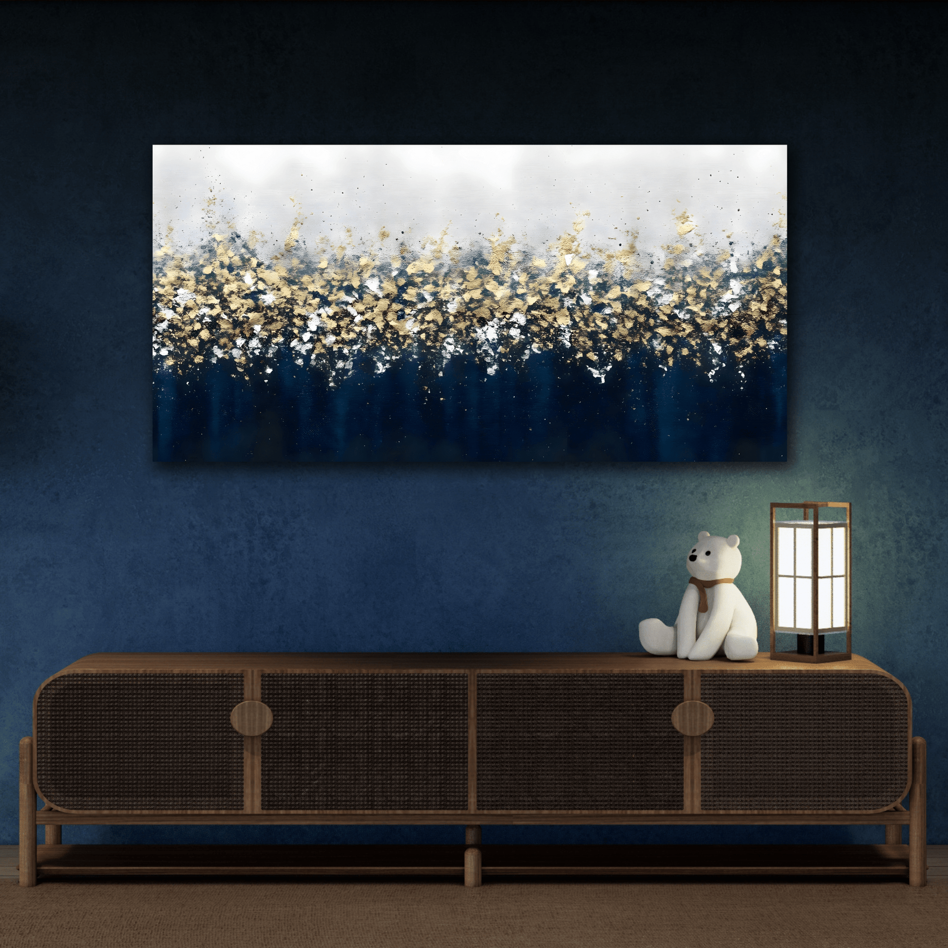 Large Navy Blue Gold Leaf Canvas - Abstract Wall Art Print - YesArtYes