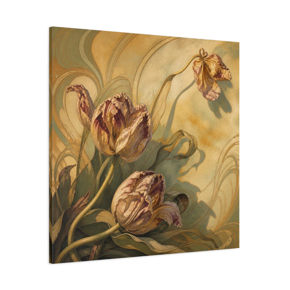 Side Mockup 1. Late Sunlight Tulips shown as canvas print
