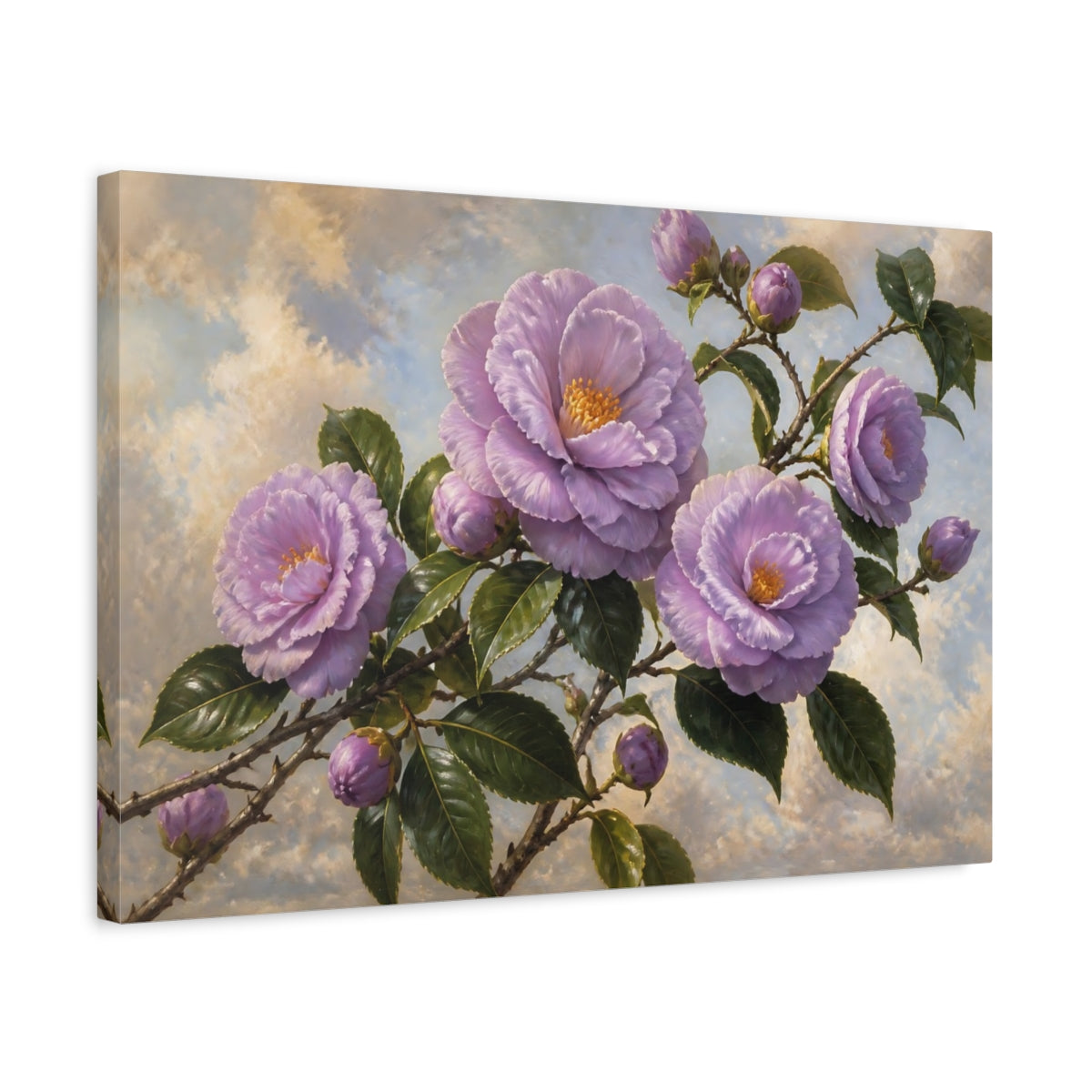 Side Mockup 3. Lavender Camellia Branch shown as canvas print