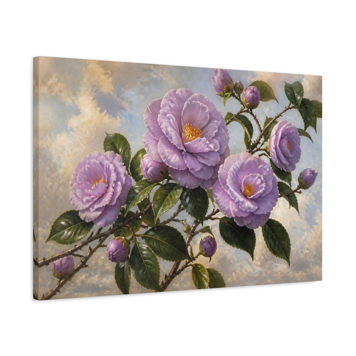 Side Mockup 2. Lavender Camellia Branch shown as canvas print